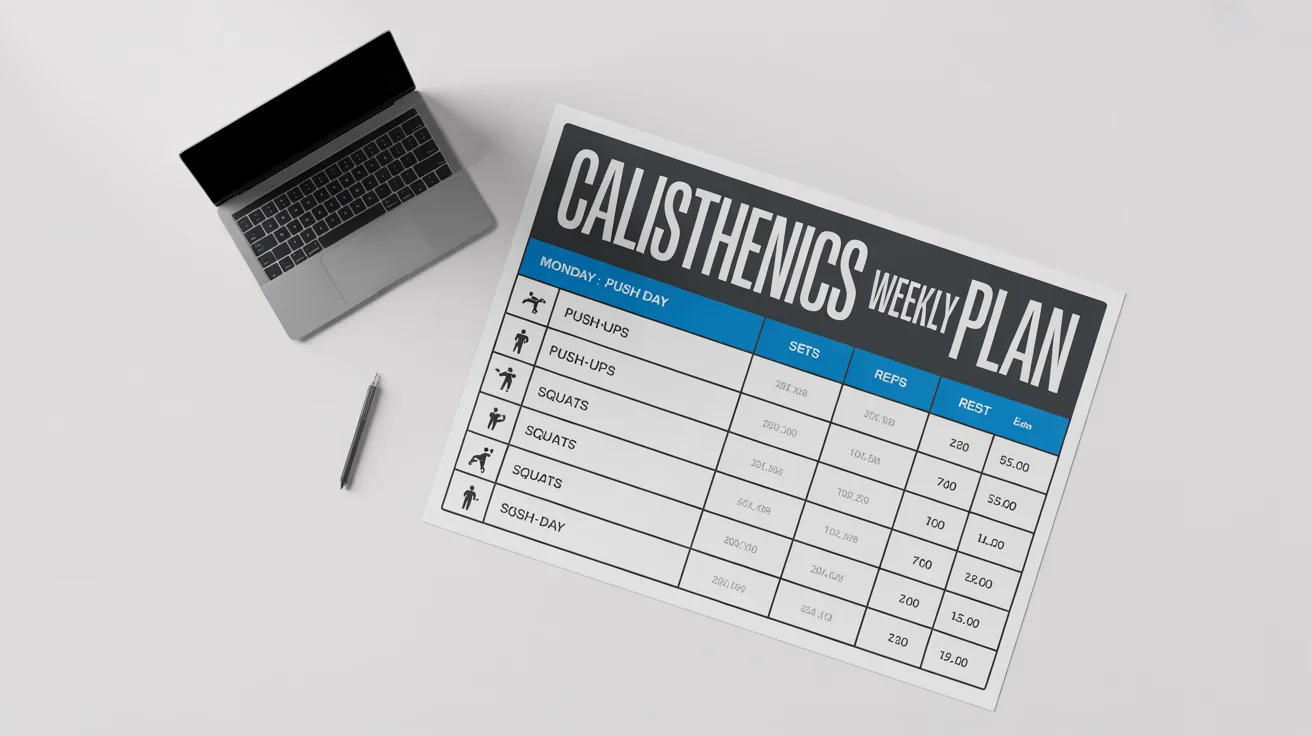 A professionally designed, modern calisthenics workout chart for a weekly routine, showing exercises with icons, sets, and reps in a clean grid layout.