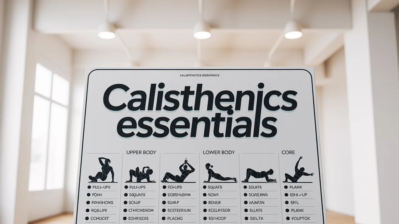 A modern calisthenics workout chart mockup showing essential exercises like pull-ups, push-ups, squats, and planks, with clean illustrations and bold typography.