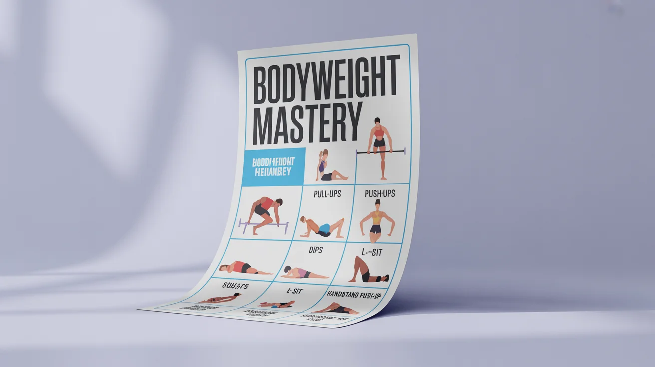 A modern calisthenics workout chart titled 'Bodyweight Mastery', featuring minimalist illustrations of exercises like pull-ups and push-ups, presented as a poster mockup on a white background.