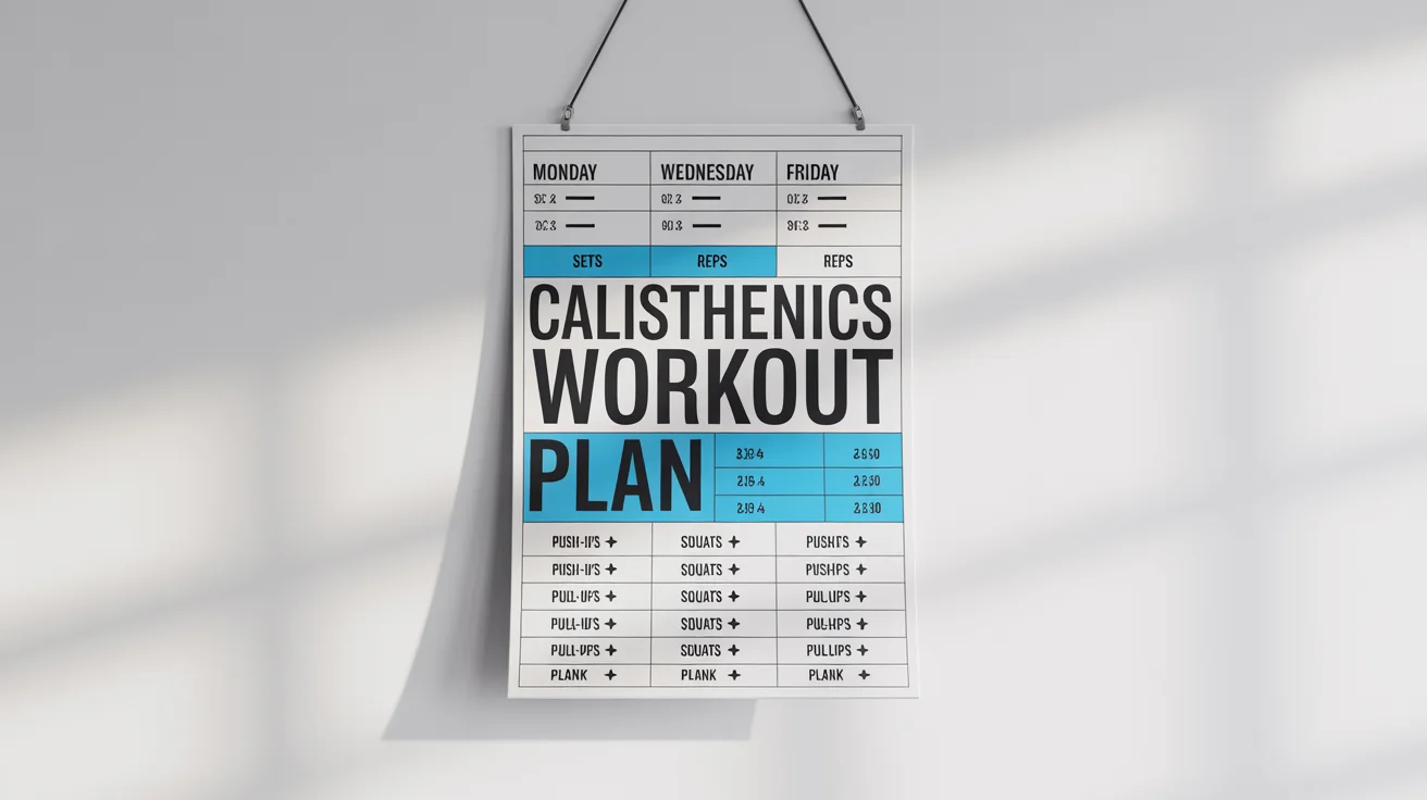 A professionally designed calisthenics workout chart with a clean, modern layout. It lists exercises like push-ups and squats for Monday, Wednesday, and Friday, set against a white background.
