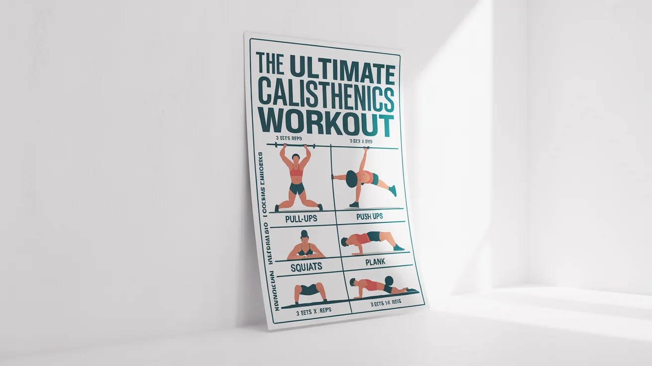 A mockup of a modern calisthenics workout chart on a white background, featuring vector illustrations of exercises like push-ups and squats, with the title 'The Ultimate Calisthenics Workout'.