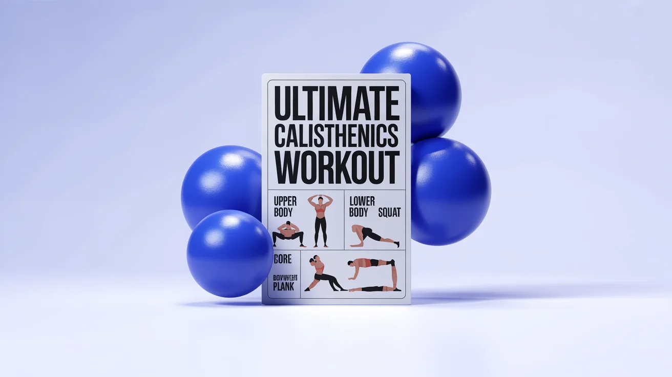 A modern calisthenics workout chart on a white background, titled 'Ultimate Calisthenics Workout'. It features minimalist illustrations of exercises like push-ups and squats, organized by muscle group.