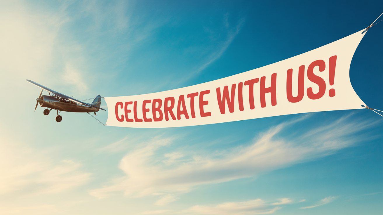 An airplane flying in a clear blue sky, towing a long banner that says 'CELEBRATE WITH US!' in bold red letters, representing a designed airplane banner.
