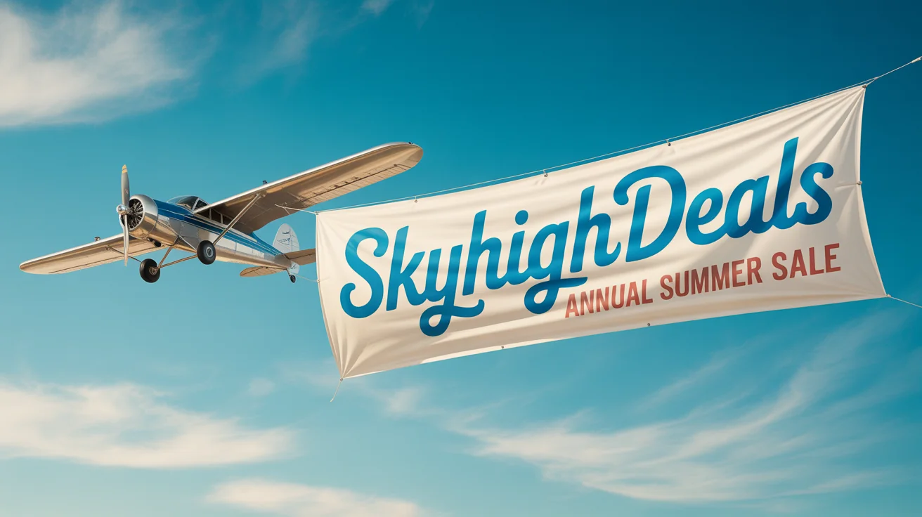 A small airplane flying in a clear blue sky, pulling a long white banner with the words 'SKYHIGH DEALS' and 'ANNUAL SUMMER SALE' written on it.