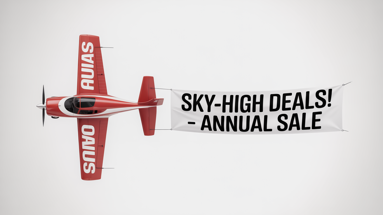 A mockup of a red and white propeller airplane towing a large banner with the text 'SKY-HIGH DEALS! - ANNUAL SALE' against a plain white background.