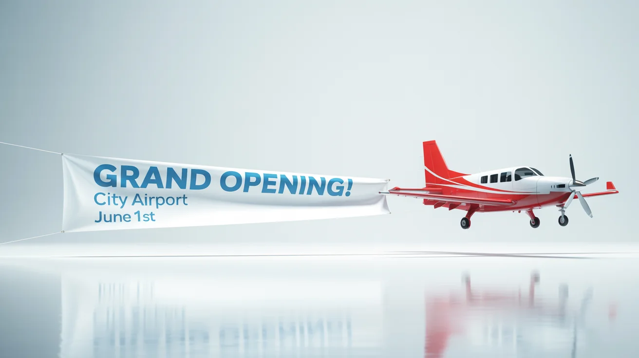 A red and white airplane pulling a long banner against a white background, with the text 'GRAND OPENING! CITY AIRPORT JUNE 1ST' printed on the banner.
