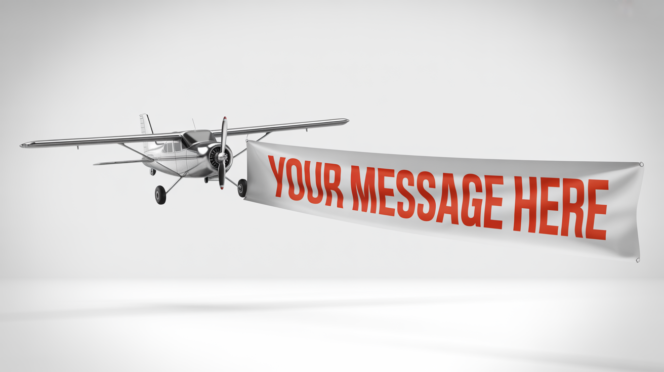 A mockup of a small airplane pulling a long white banner with the red text 'YOUR MESSAGE HERE', presented against a clean white background.