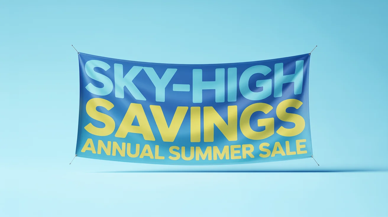 A mockup of a long white airplane banner with blue and yellow text that reads 'SKY-HIGH SAVINGS, Annual Summer Sale' on a plain white background.