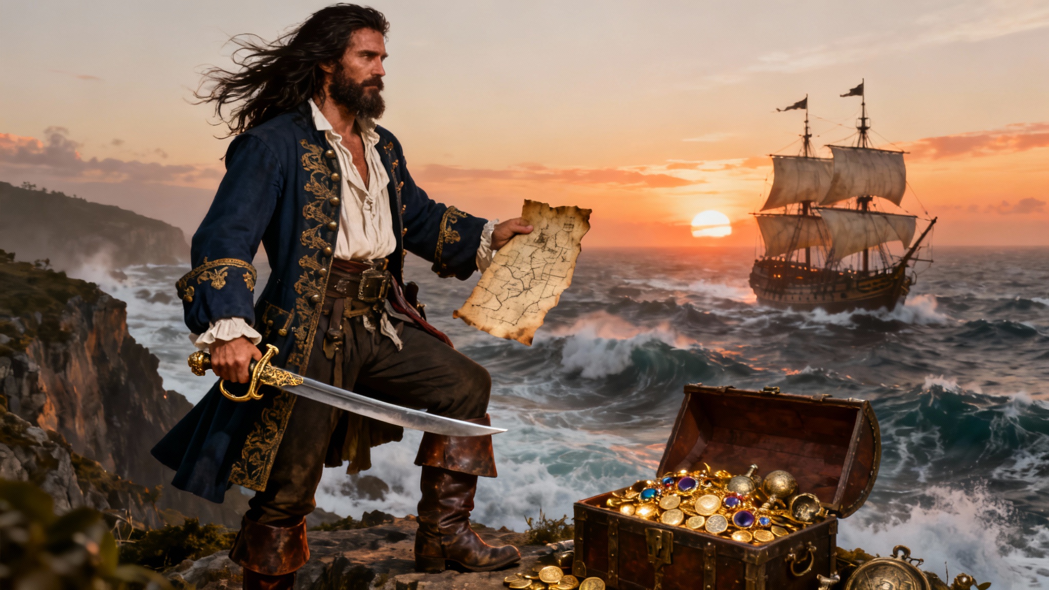 A cinematic, photorealistic image of a rugged pirate captain standing on a clifftop at sunset, holding a cutlass and a map, with his ship in the background and a chest of treasure at his feet.