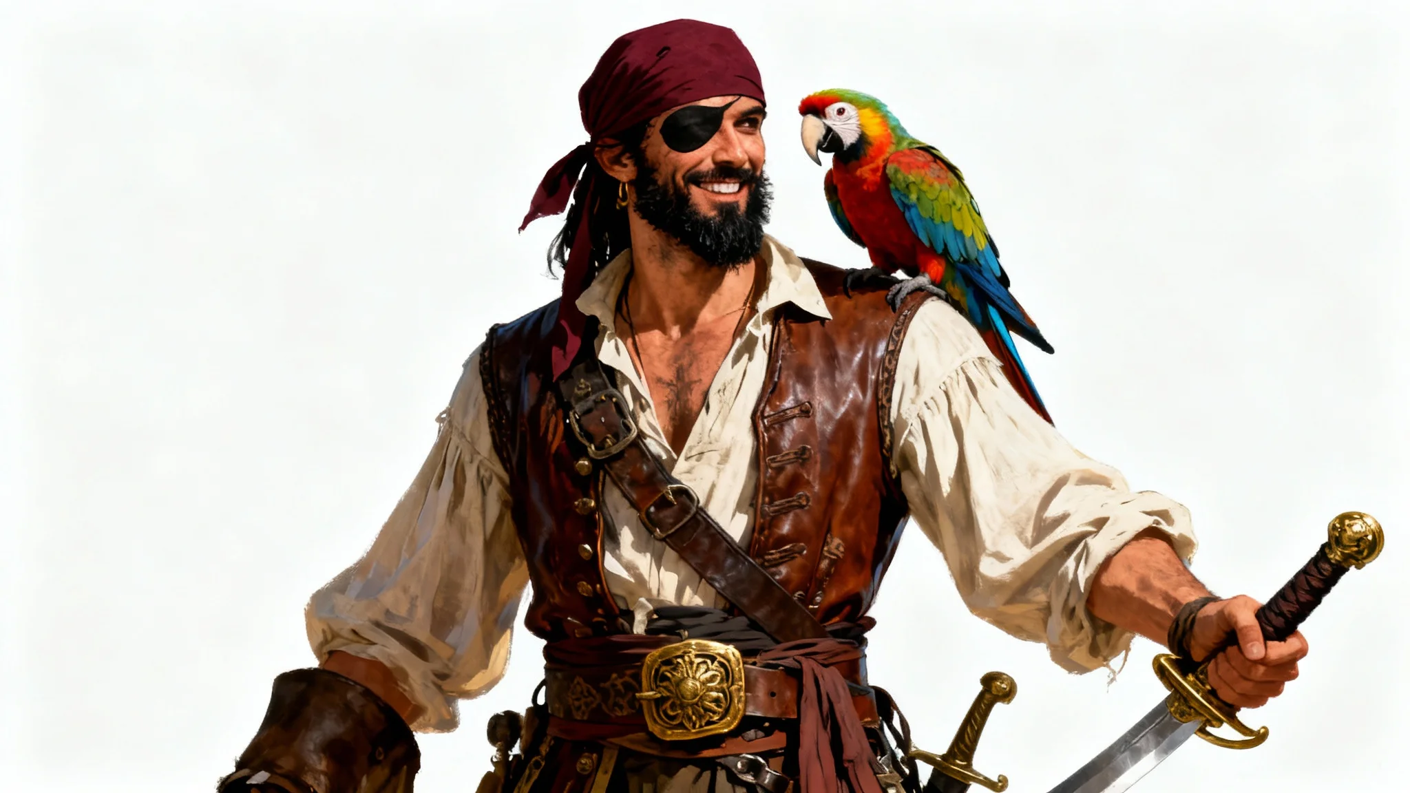A full-body digital painting of a charismatic male pirate character with a parrot on his shoulder, shown in a concept art style against a white background.