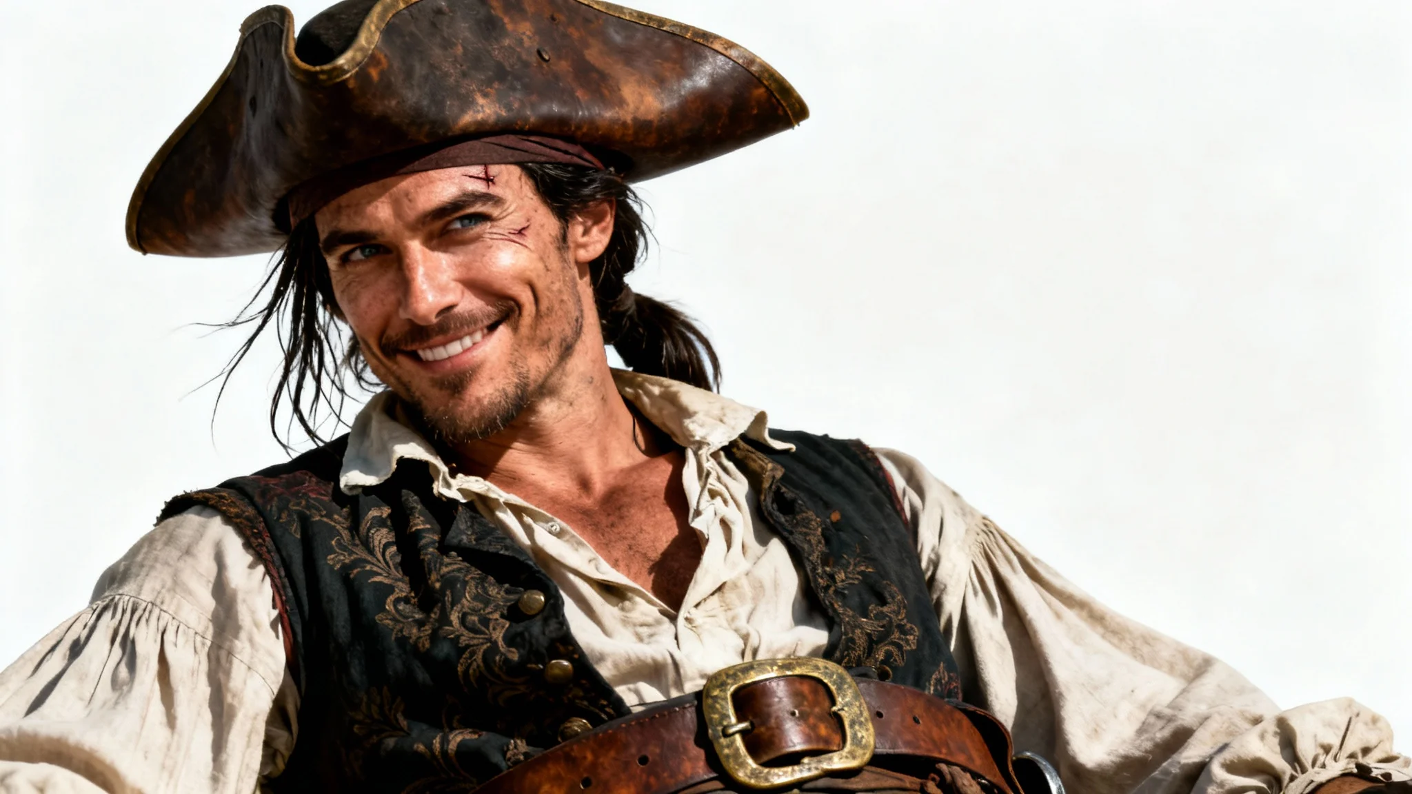 A highly detailed, photorealistic portrait of a rugged and charismatic pirate captain smiling, wearing a tricorn hat and an ornate vest, isolated against a pure white background.