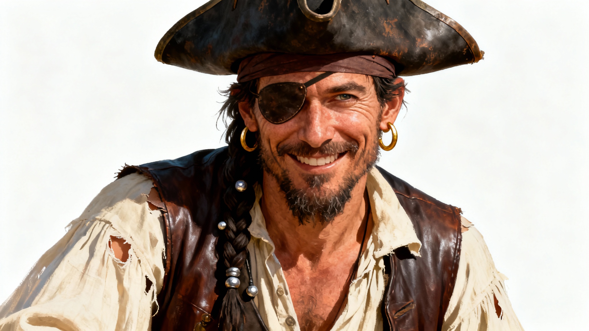 A detailed digital painting of a charismatic pirate captain with a leather tricorne hat and an eyepatch, smirking confidently against a plain white background.