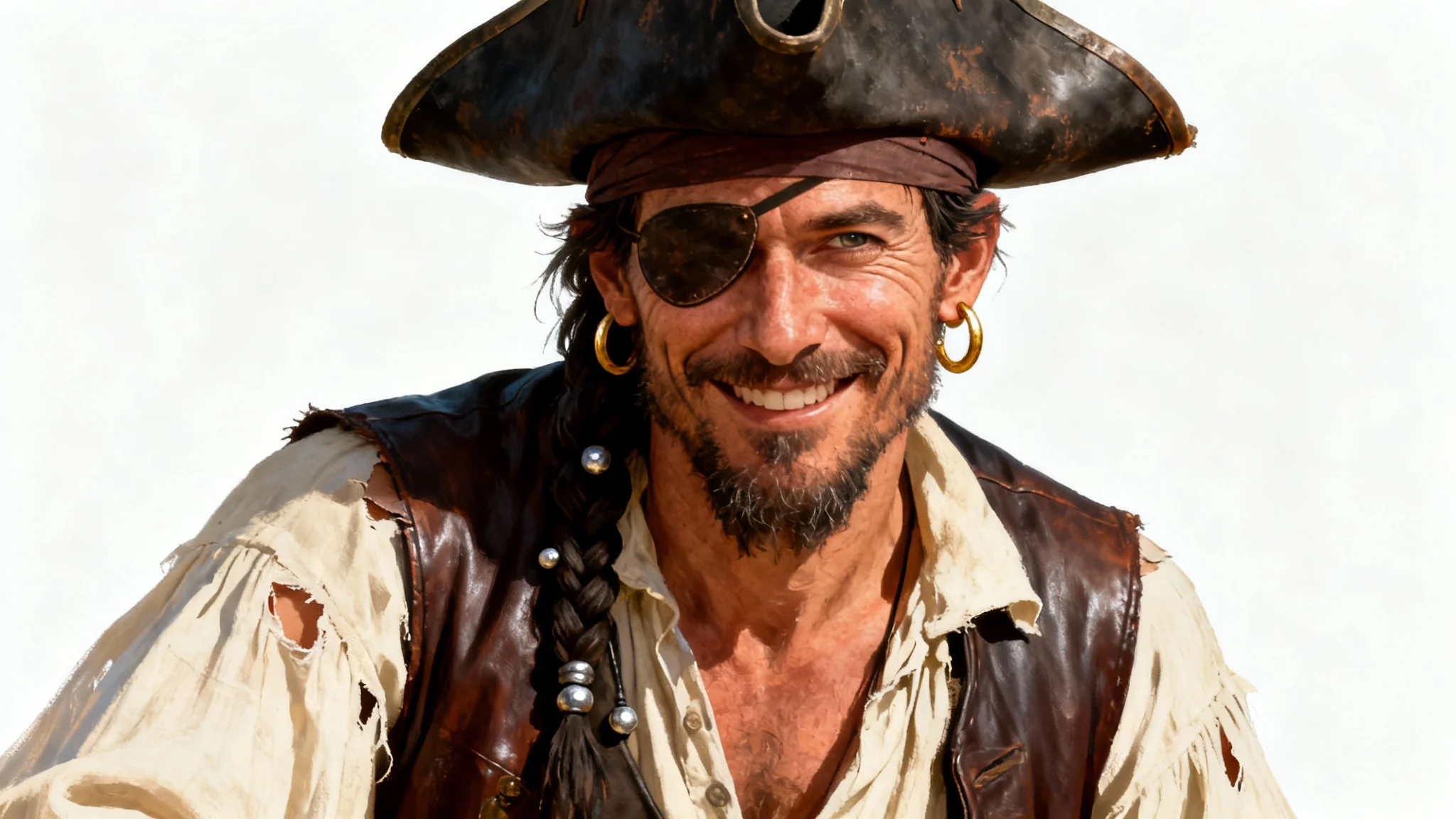 A detailed digital painting of a charismatic pirate captain with a leather tricorne hat and an eyepatch, smirking confidently against a plain white background.