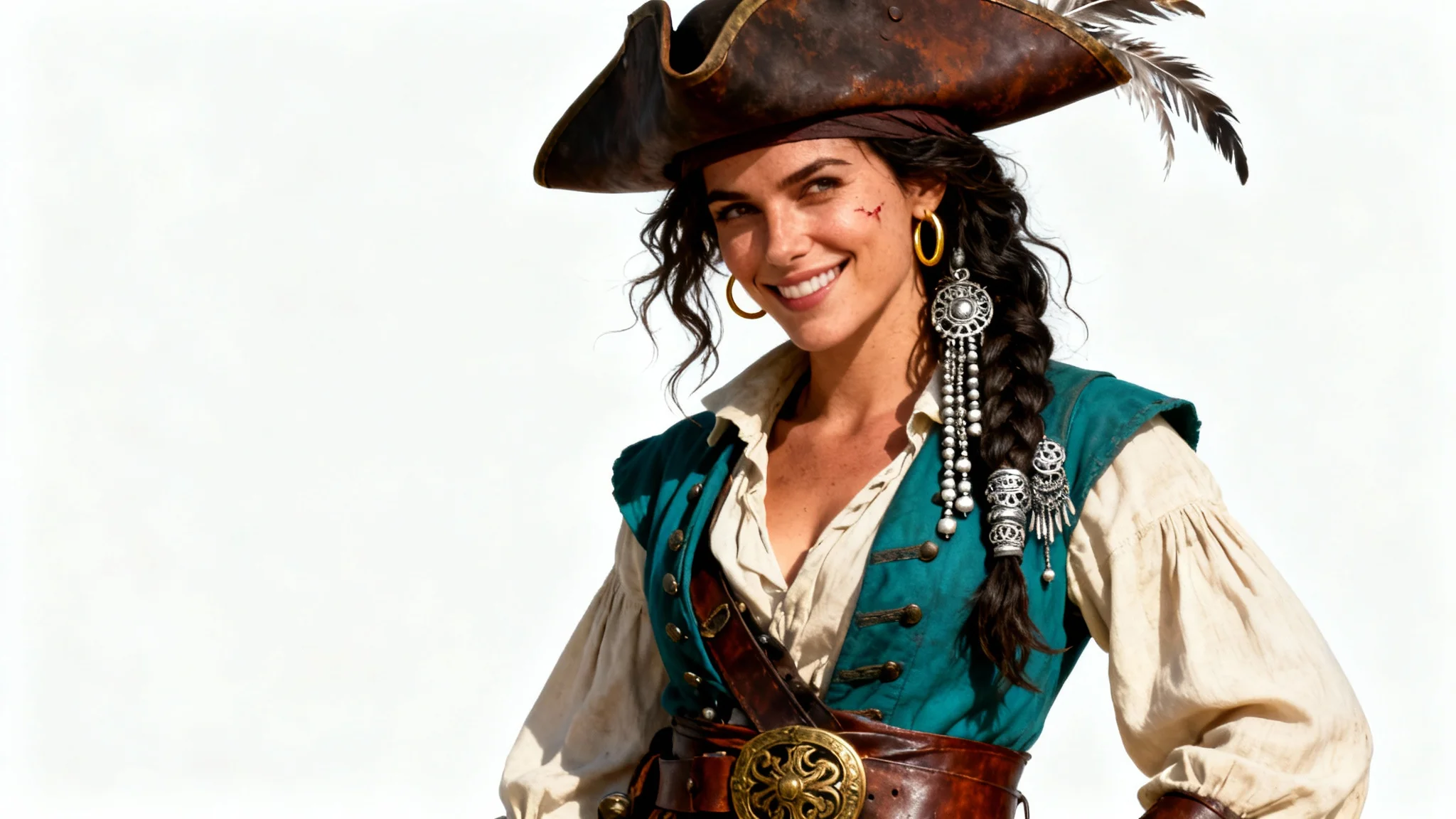 A detailed character concept of a female pirate captain with a tricorn hat and a confident expression, isolated against a plain white background.