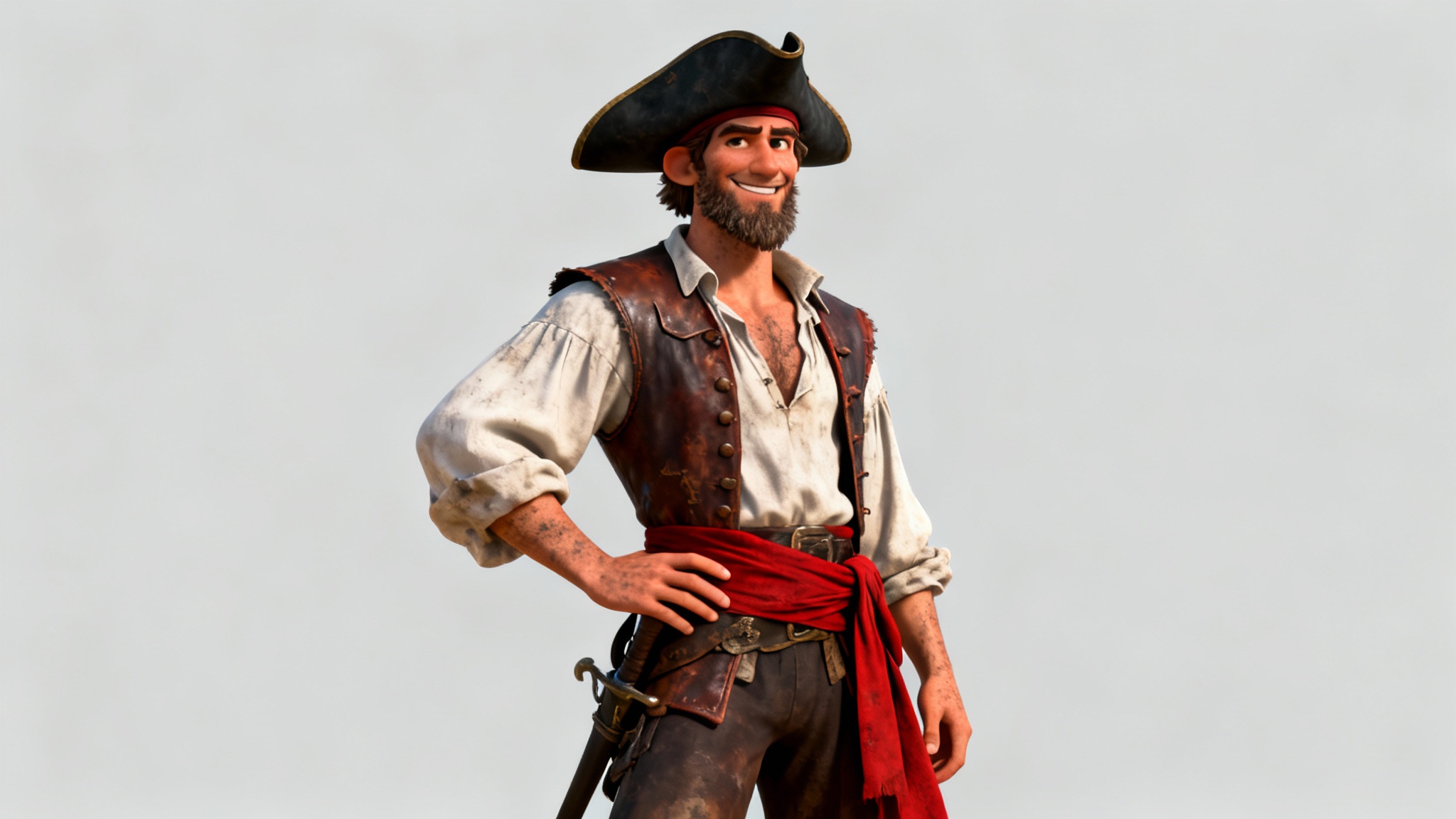 A full-body digital illustration of a stylized 3D male pirate character with a confident expression, standing against a plain light grey background.