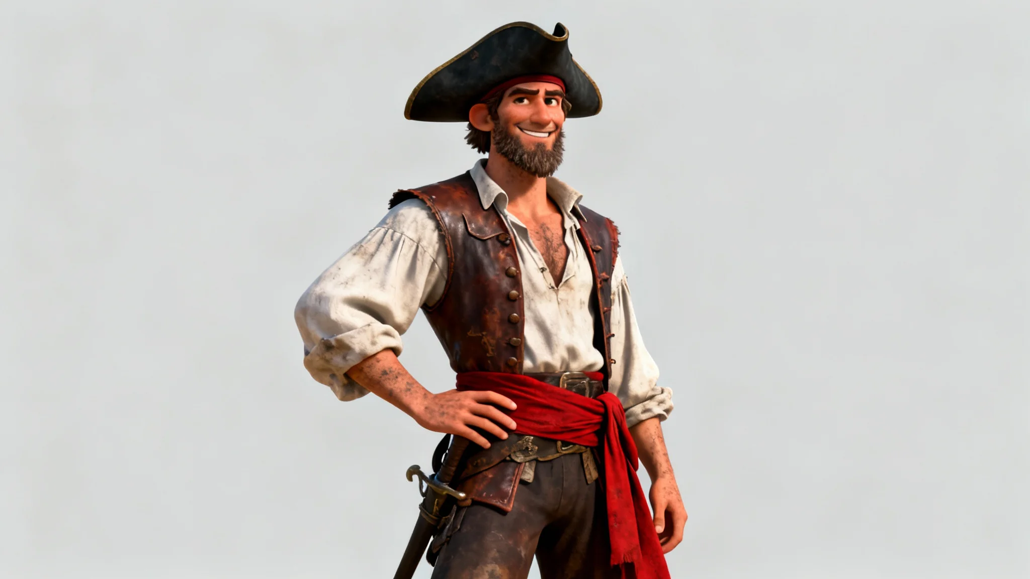 A full-body digital illustration of a stylized 3D male pirate character with a confident expression, standing against a plain light grey background.