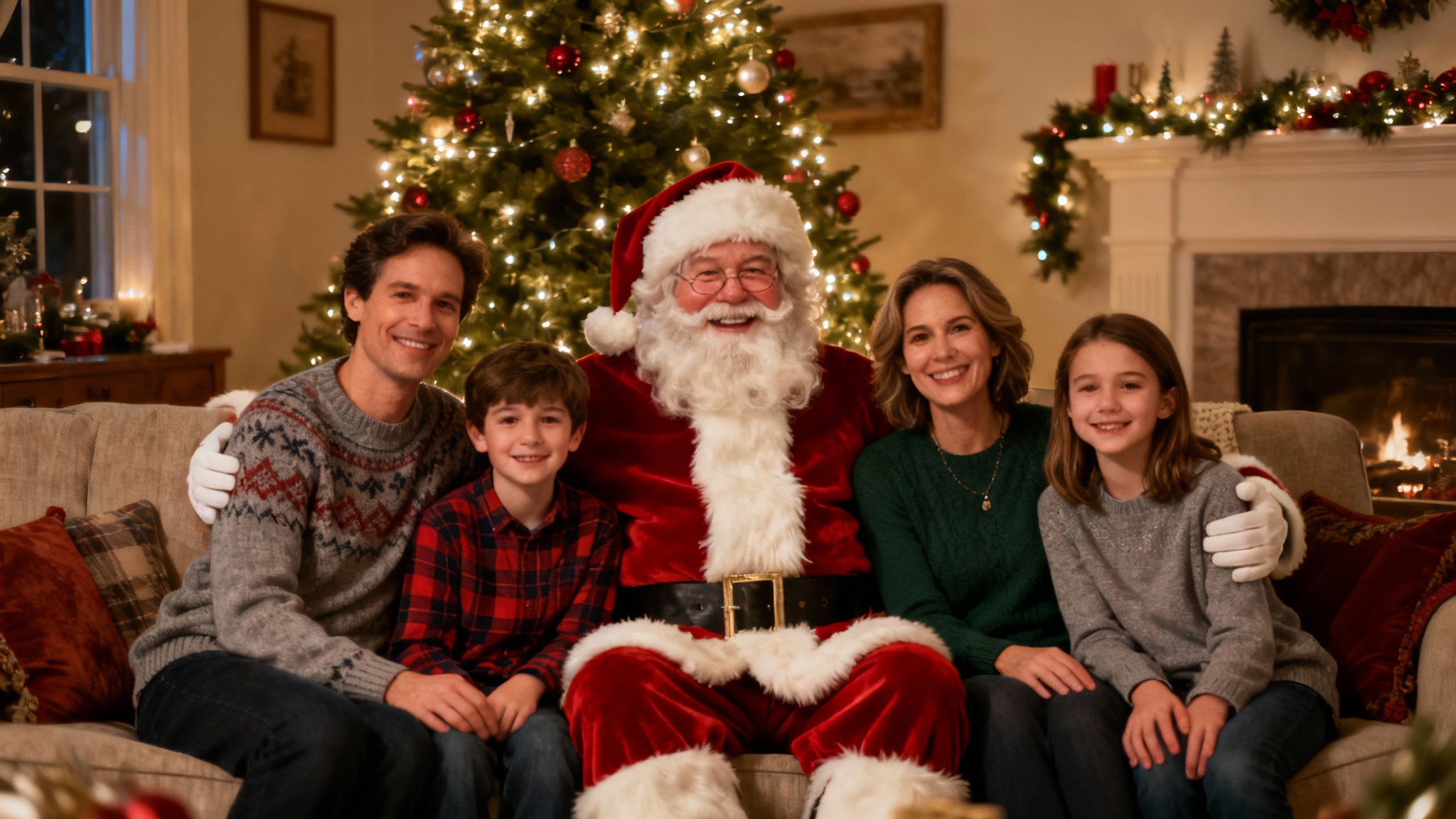 A hero image showing the result of adding Santa to a photo: a happy family is posing on a couch in a festive living room, and a realistic Santa Claus is sitting with them as if he were part of the original picture.