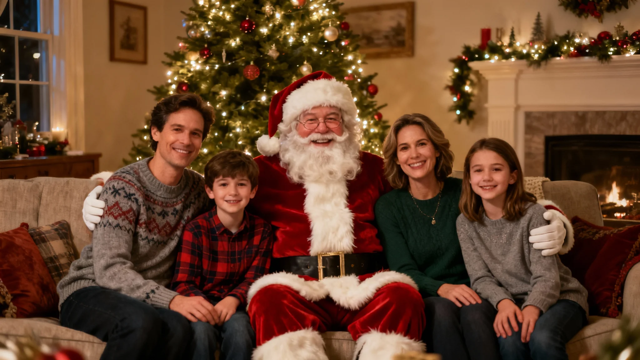 A hero image showing the result of adding Santa to a photo: a happy family is posing on a couch in a festive living room, and a realistic Santa Claus is sitting with them as if he were part of the original picture.