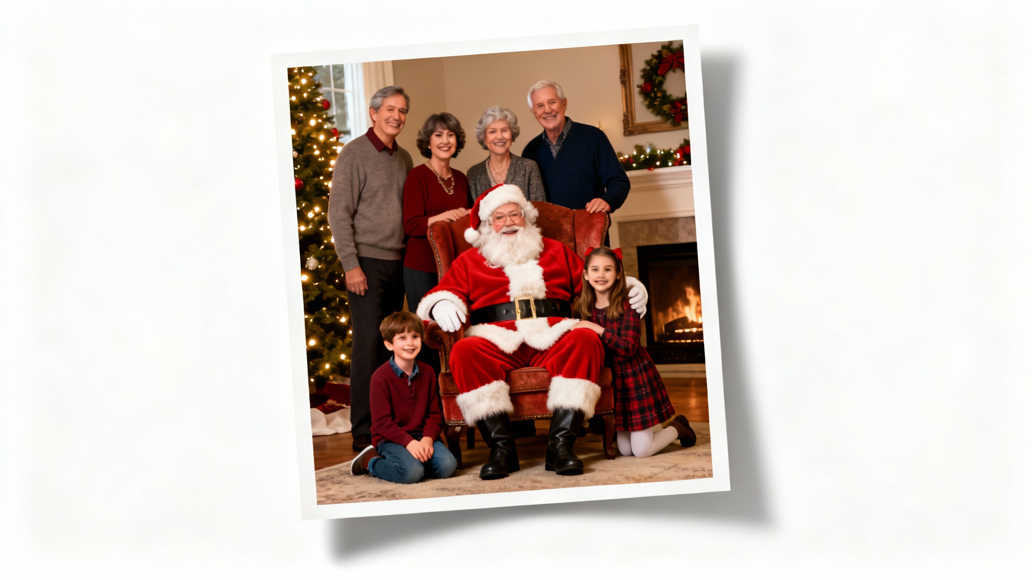 A realistic family Christmas photo showing a happy family with two children and grandparents posing with Santa Claus in a festive living room.
