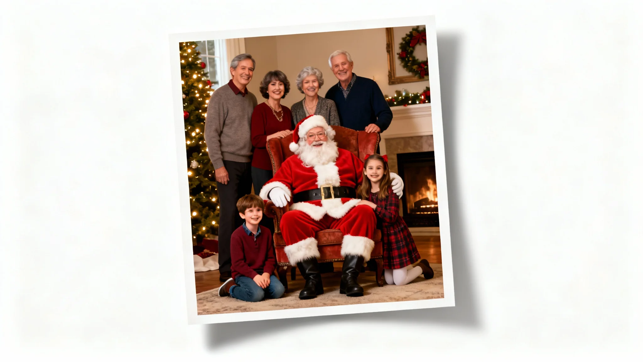 A realistic family Christmas photo showing a happy family with two children and grandparents posing with Santa Claus in a festive living room.