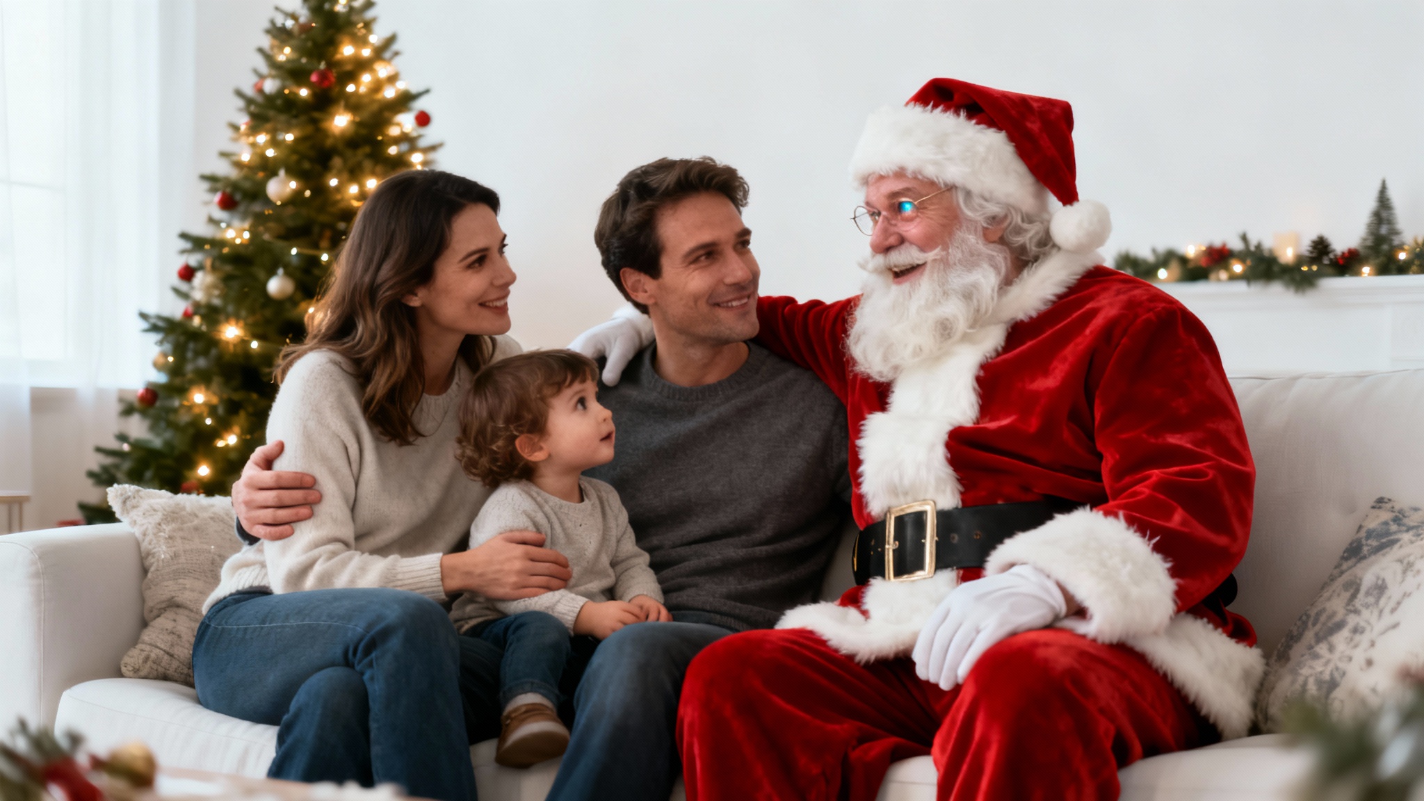 A realistic photo of Santa Claus sitting on a couch and posing with a happy family in a festive living room, set against a white background.