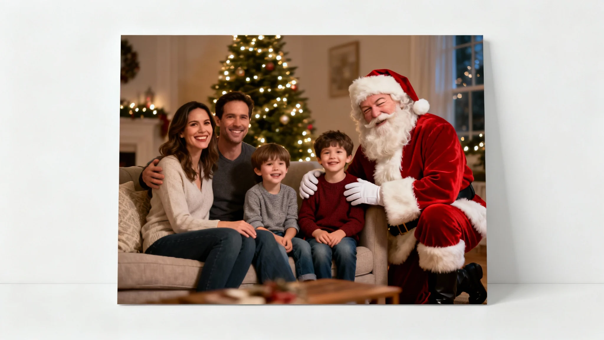A realistic family photo in a festive living room, with a smiling Santa Claus seamlessly added in, kneeling next to the delighted children as if he were part of the original picture.