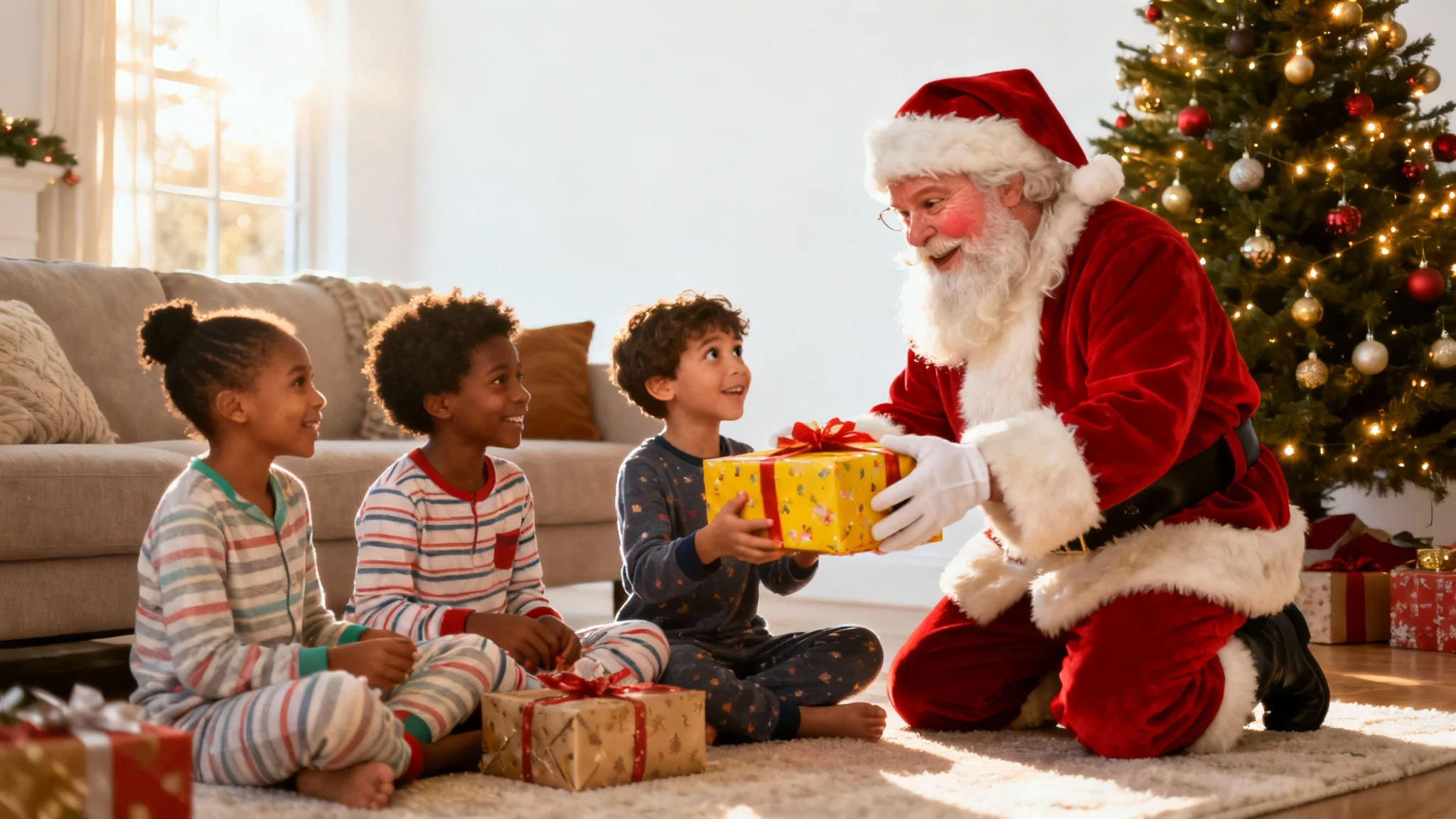 A photorealistic mockup of a family photo where Santa Claus has been added. Santa is kneeling with a family on Christmas morning, handing a gift to a child.