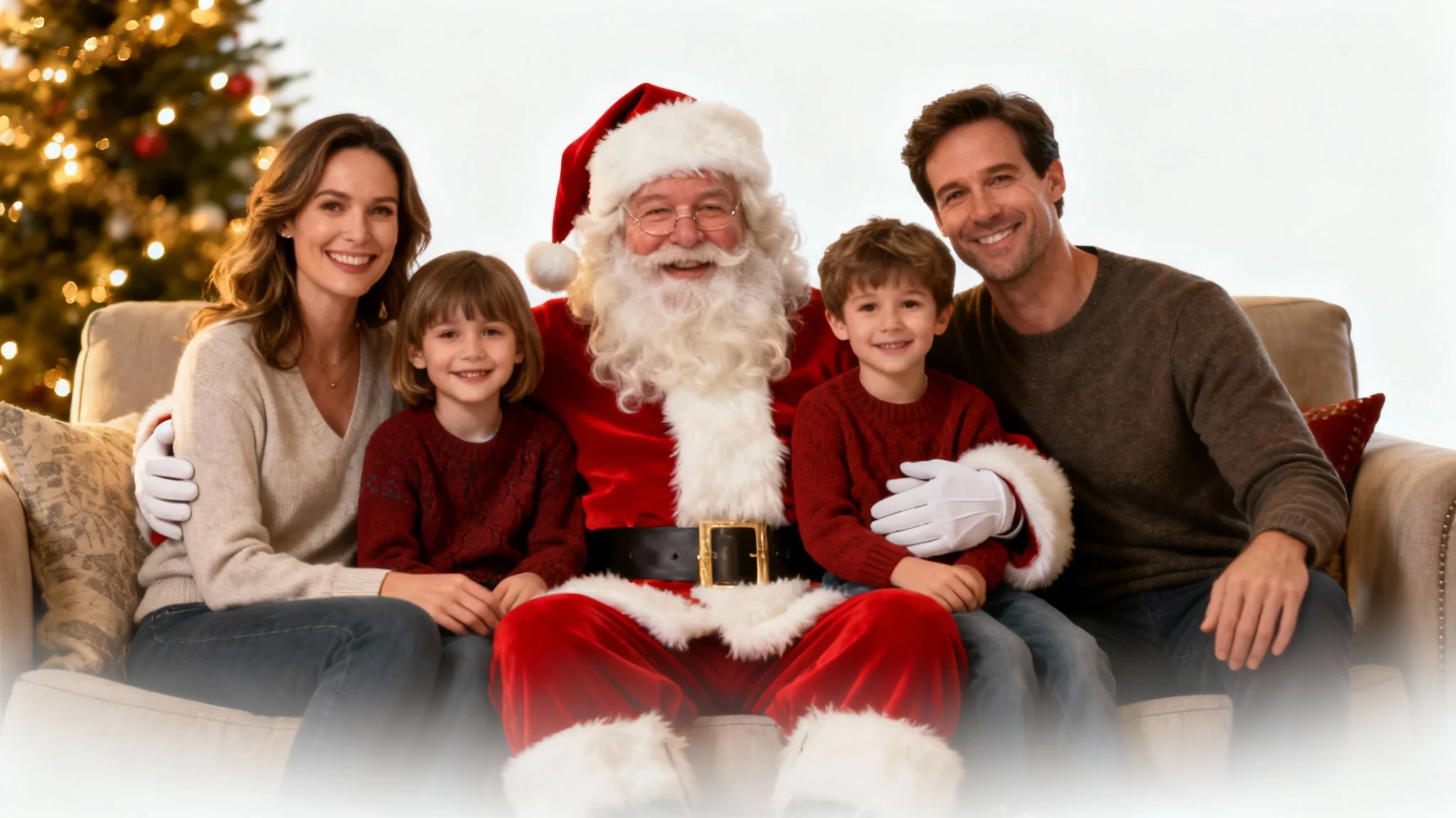 A photorealistic mockup showing a family of four happily posing with Santa Claus for a Christmas photo, isolated on a white background.