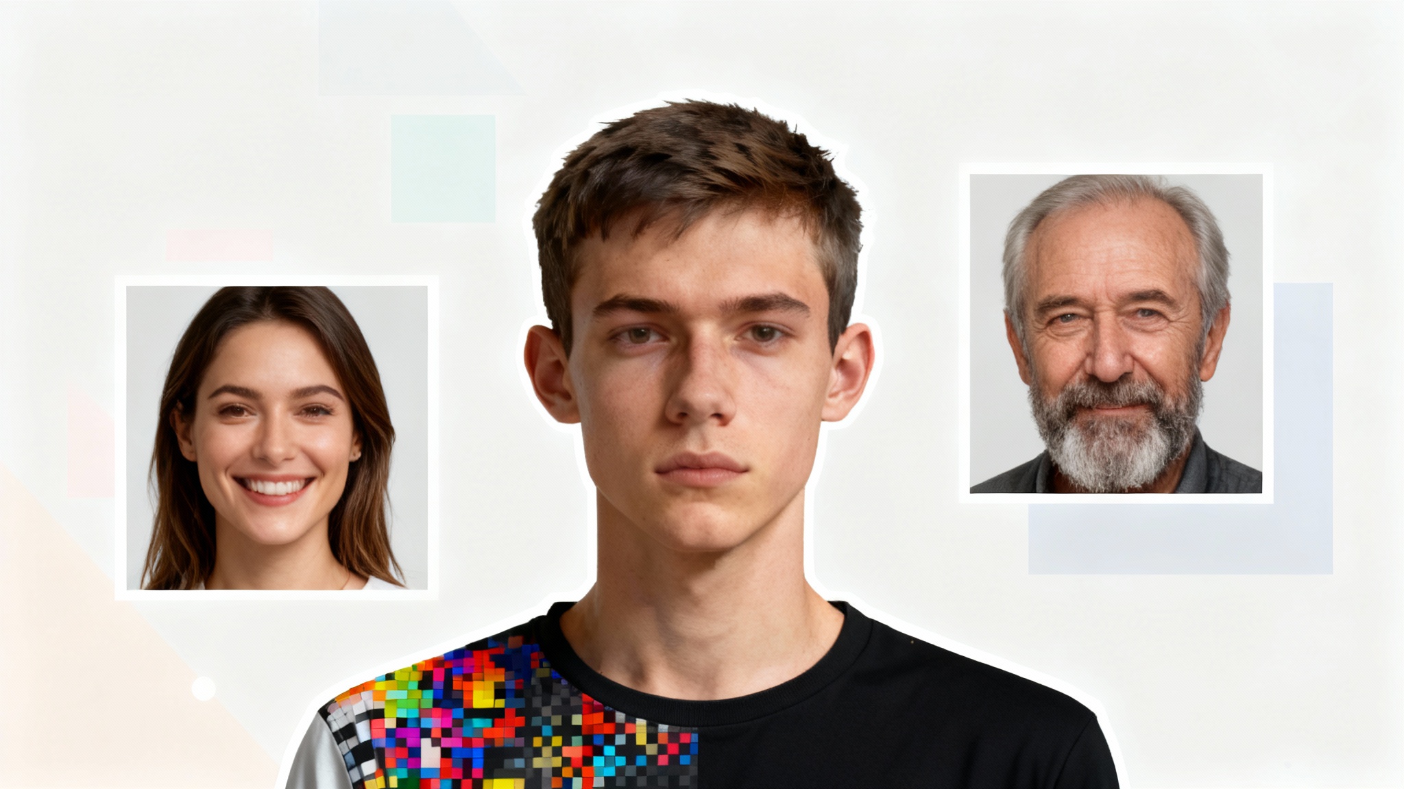 A hero image demonstrating a face cutout tool, showing a perfectly isolated photo of a young man's face placed onto a modern design canvas, with other example face cutouts floating nearby.