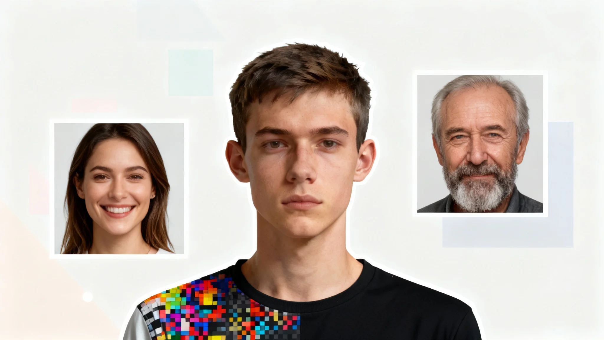 A hero image demonstrating a face cutout tool, showing a perfectly isolated photo of a young man's face placed onto a modern design canvas, with other example face cutouts floating nearby.