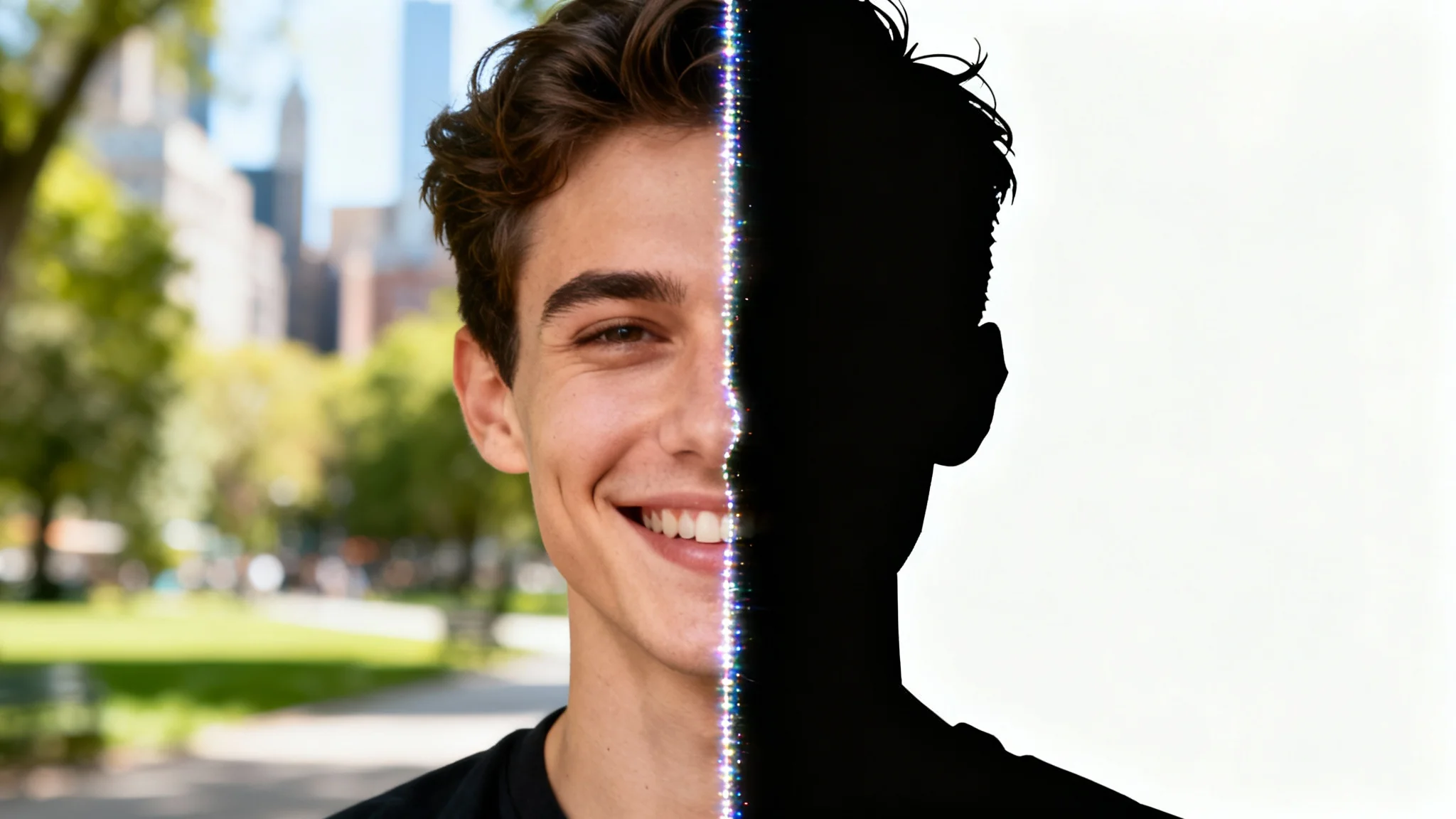 A portrait of a person demonstrating a face cutout effect. The left side shows the person against a park background, while the right side shows them perfectly isolated against a clean white background.