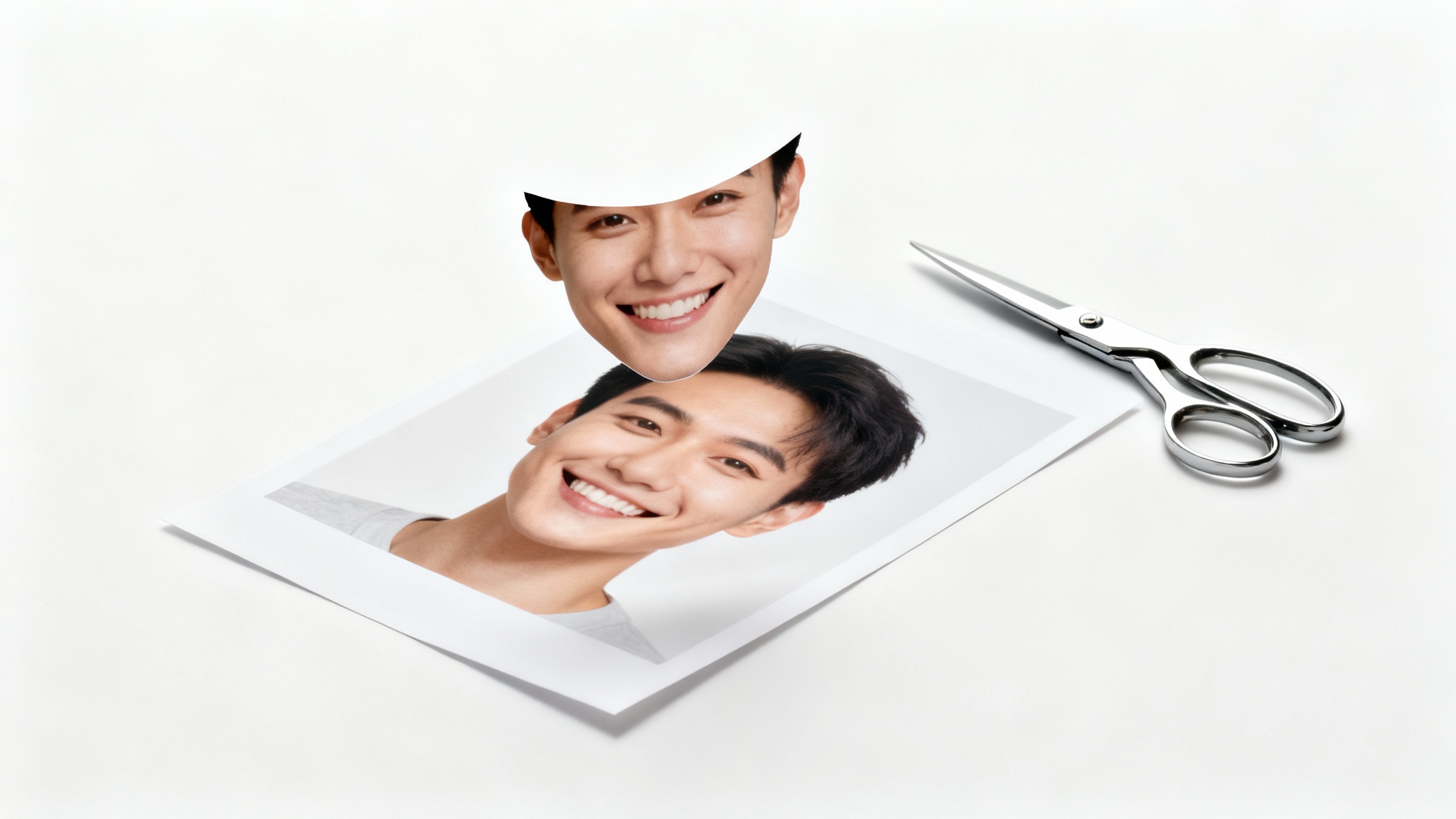 A printed photograph of a person on a white background, with their face precisely cut out and floating just above the empty space, illustrating the face cutout feature.