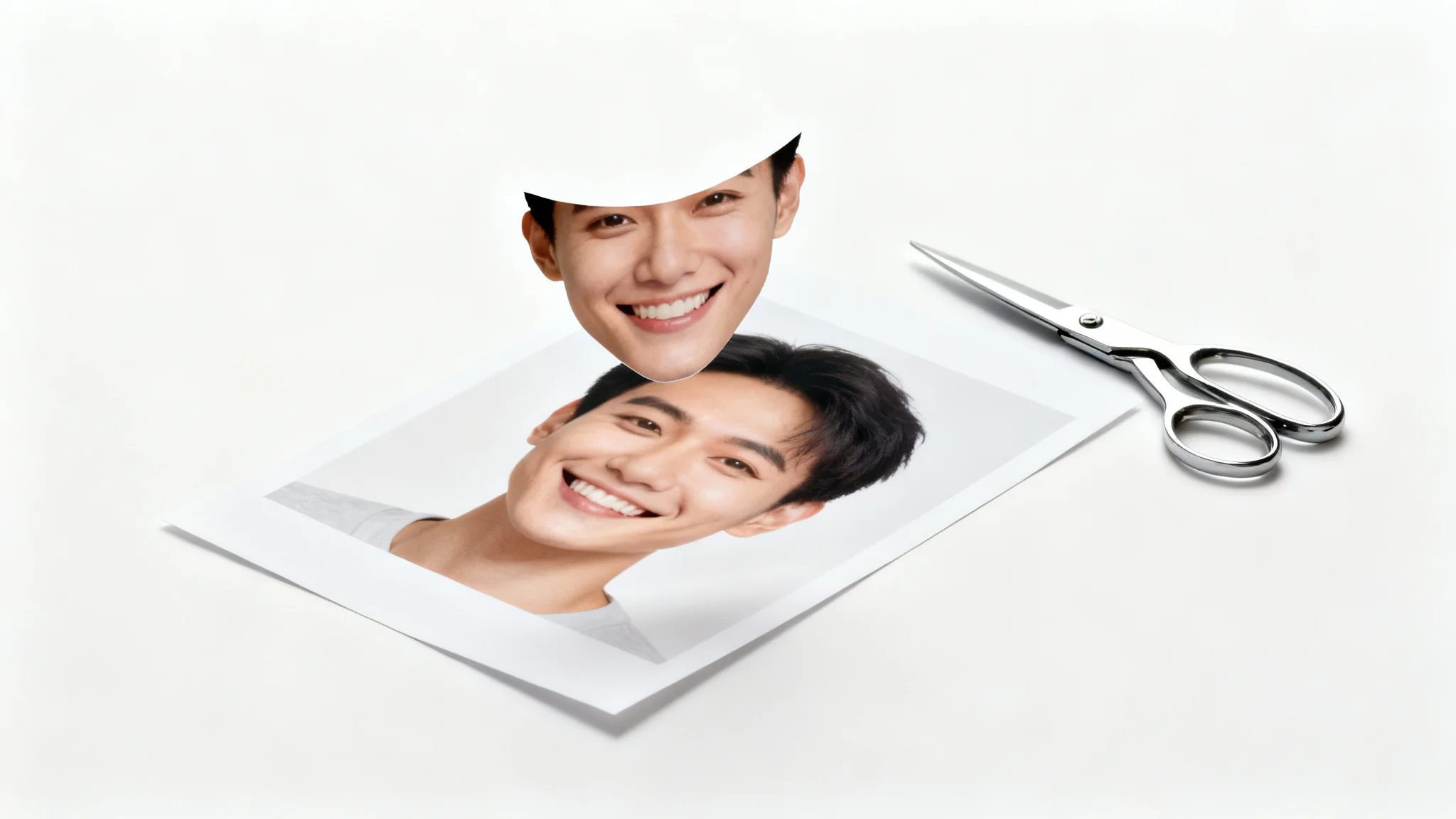 A printed photograph of a person on a white background, with their face precisely cut out and floating just above the empty space, illustrating the face cutout feature.