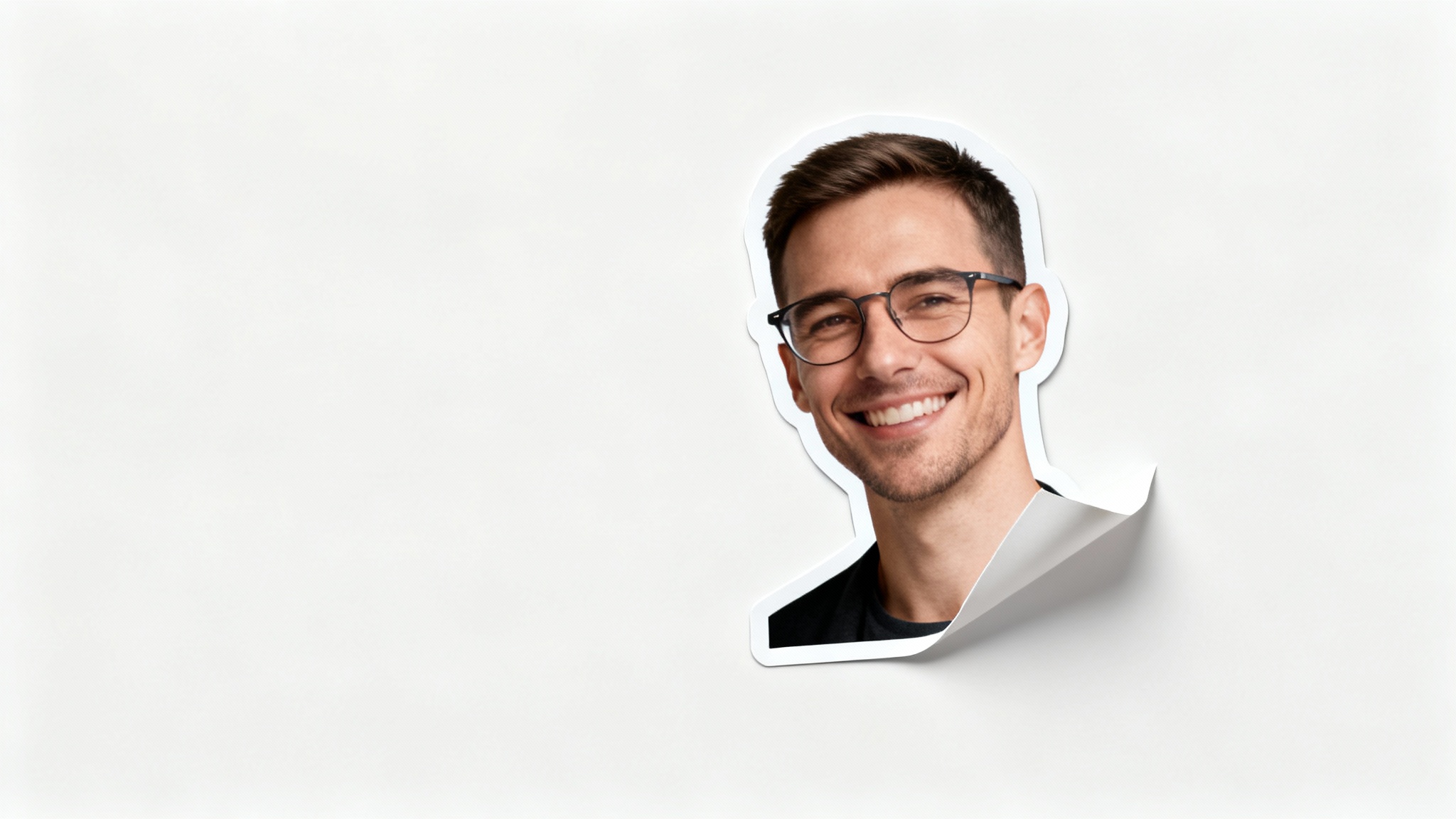 A photo of a smiling man's head and shoulders being perfectly cut out, as if it were a sticker being peeled from a white background, demonstrating a face cutout feature.