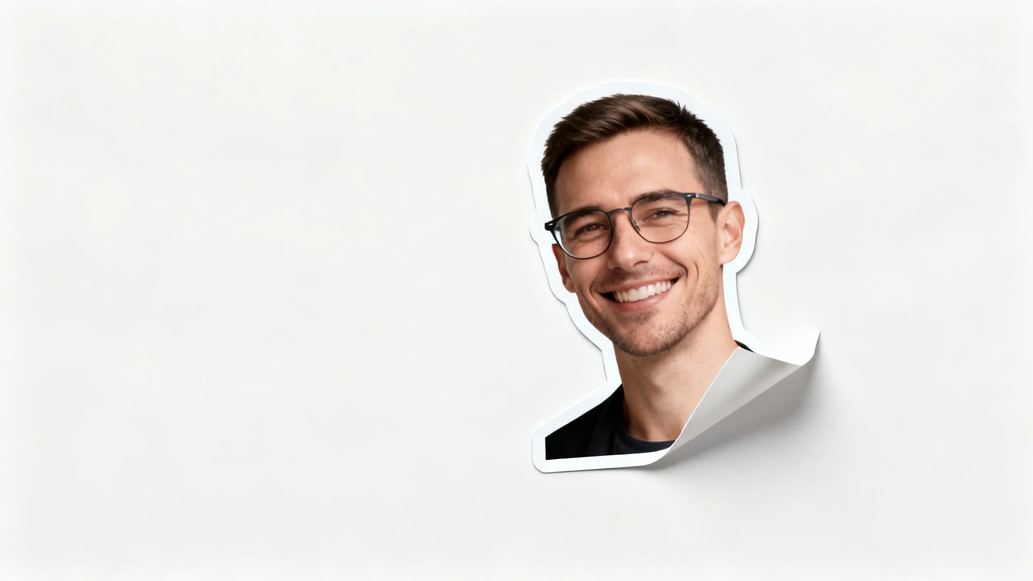 A photo of a smiling man's head and shoulders being perfectly cut out, as if it were a sticker being peeled from a white background, demonstrating a face cutout feature.