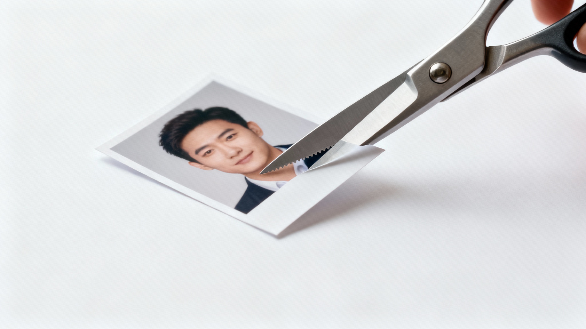 A close-up shot of scissors cutting a face out of a photograph, representing a face cutout feature.