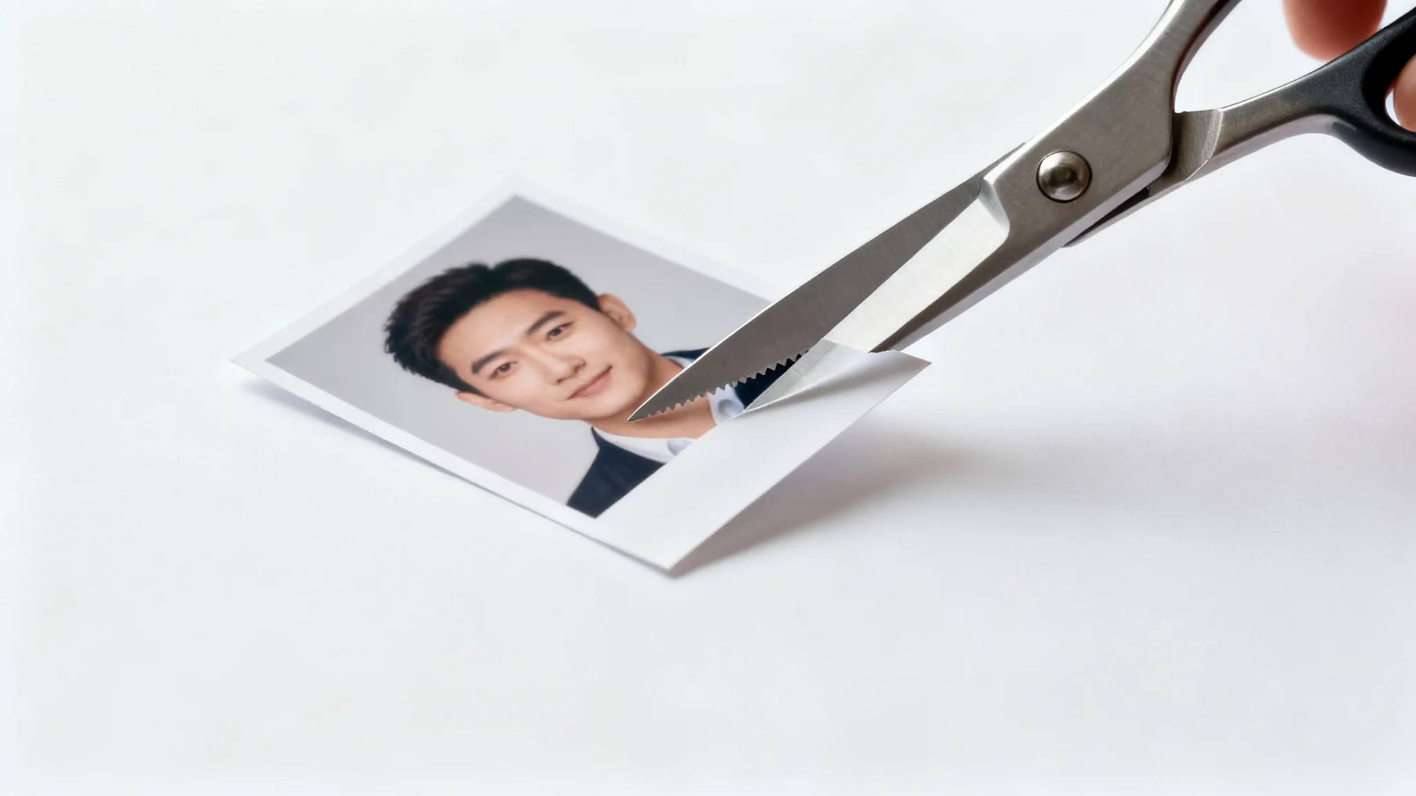A close-up shot of scissors cutting a face out of a photograph, representing a face cutout feature.