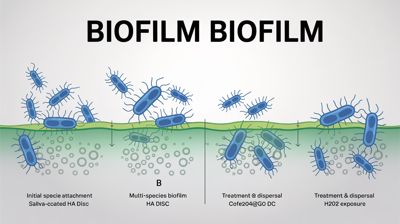 A polished scientific diagram showing the stages of biofilm formation. It details the process from initial bacterial attachment to a mature structure, including experimental treatment steps, presented in a clean, modern infographic style.