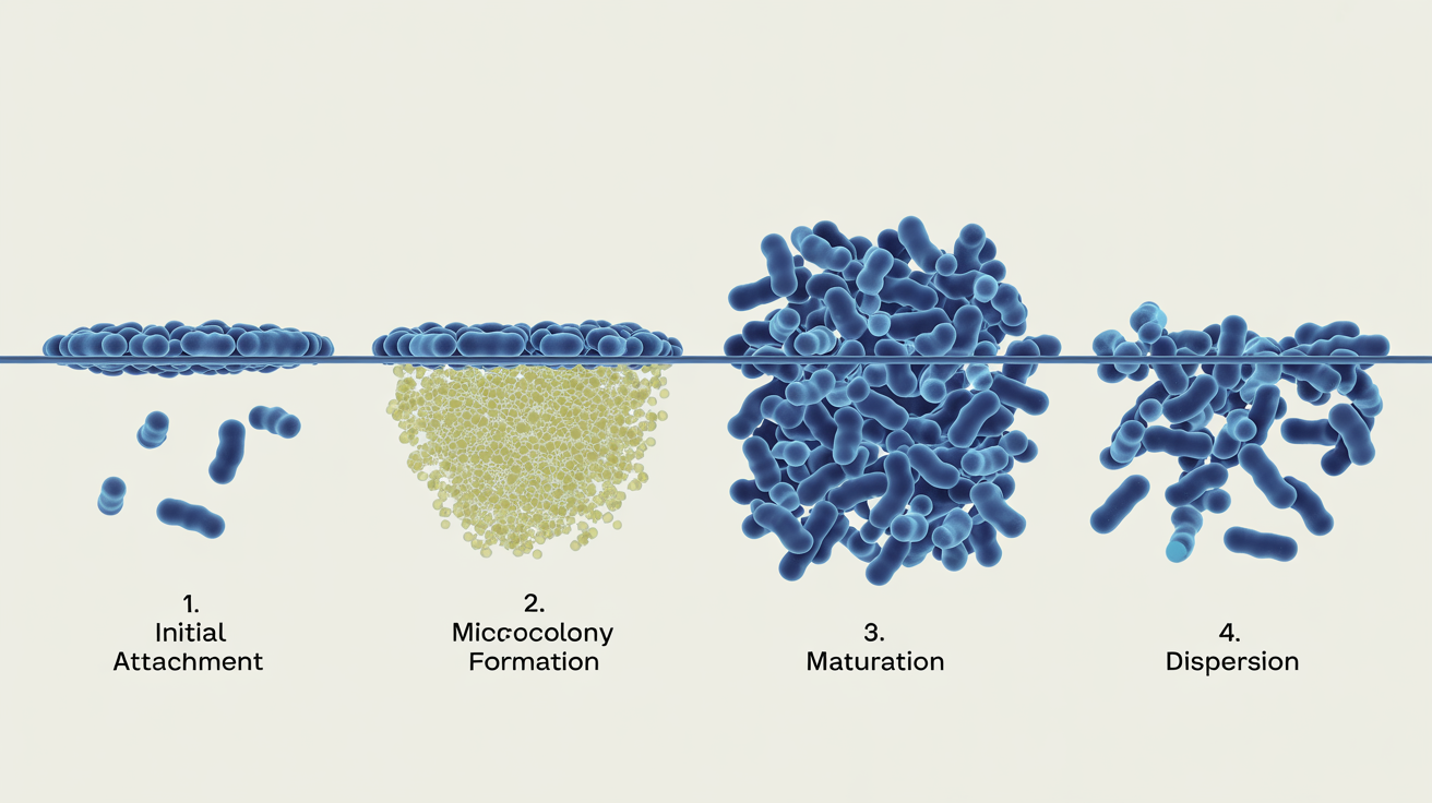 A scientific vector diagram showing the four stages of biofilm formation: 1. Initial Attachment of bacteria, 2. Microcolony Formation, 3. Maturation into a complex structure, and 4. Dispersion of new bacteria.