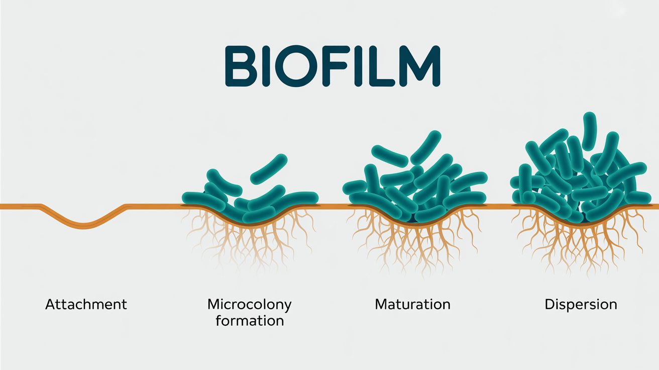 A scientific diagram illustrating the four stages of biofilm formation: attachment, microcolony formation, maturation, and dispersion of bacteria on a surface.