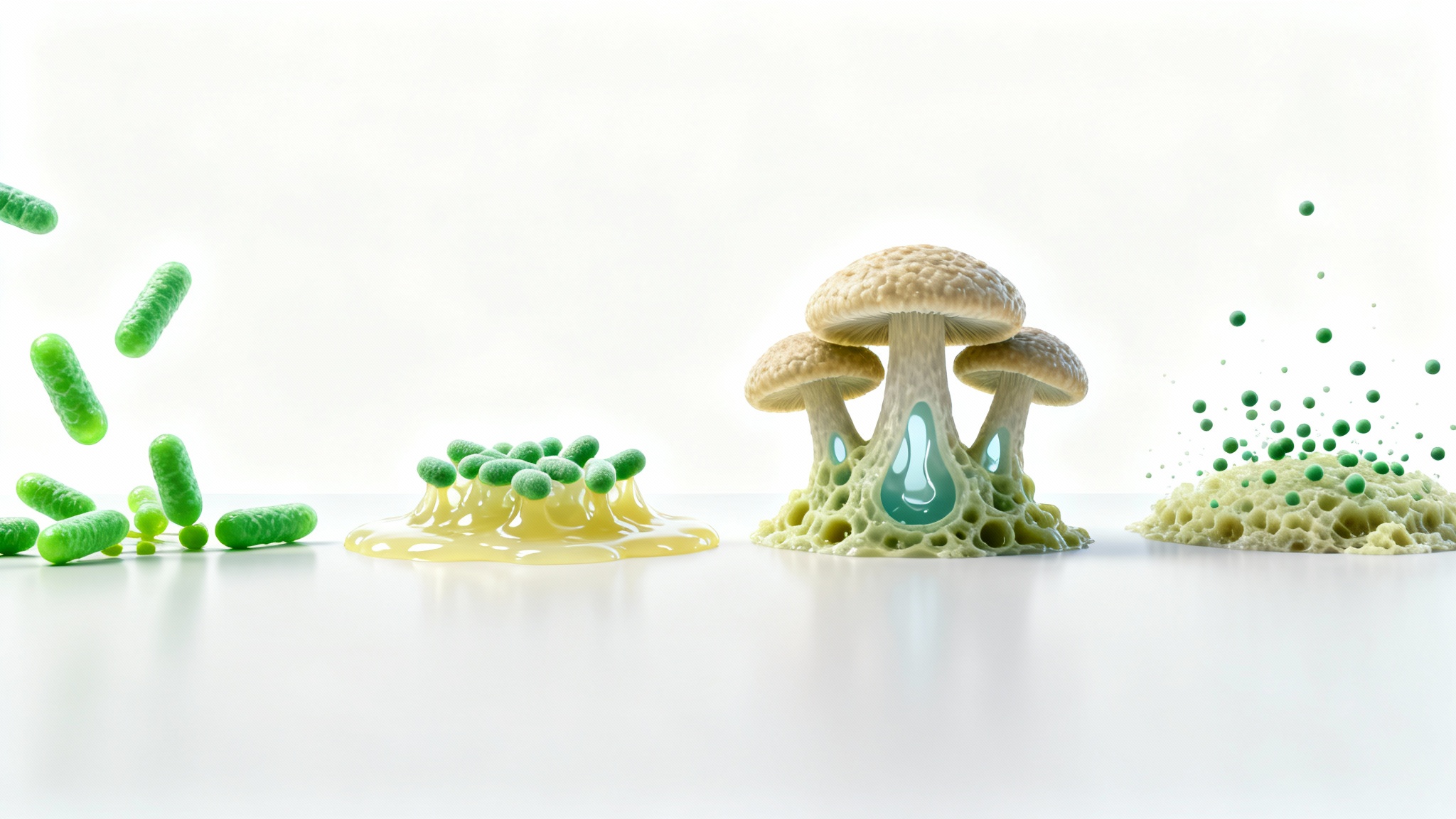 A clear, educational diagram showing the four stages of biofilm formation, starting with bacterial attachment and ending with dispersal, against a plain white background.