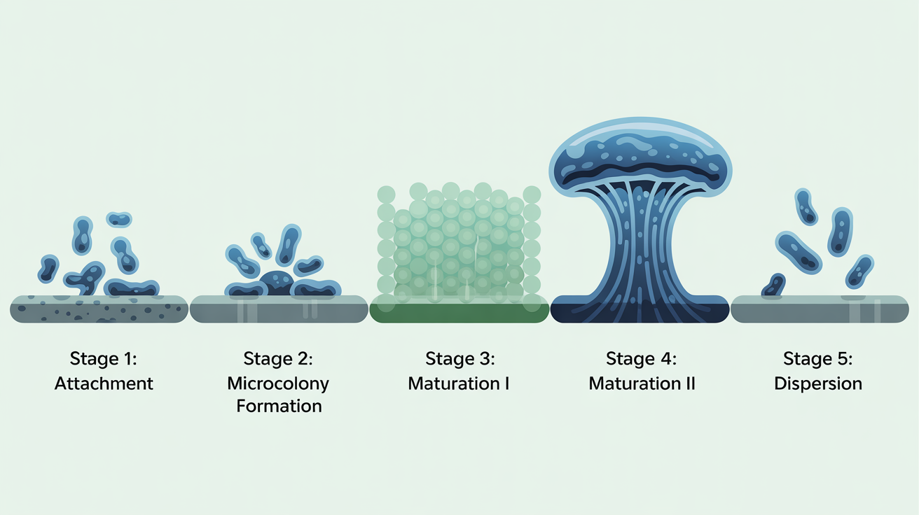 A diagram illustrating the five stages of biofilm formation, from initial bacterial attachment to a surface, through microcolony formation and maturation into a complex 3D structure, and finally to the dispersion of new bacteria.