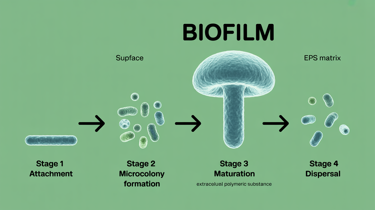 A scientific diagram showing the four stages of biofilm formation: attachment, microcolony formation, maturation, and dispersal of bacteria on a surface.