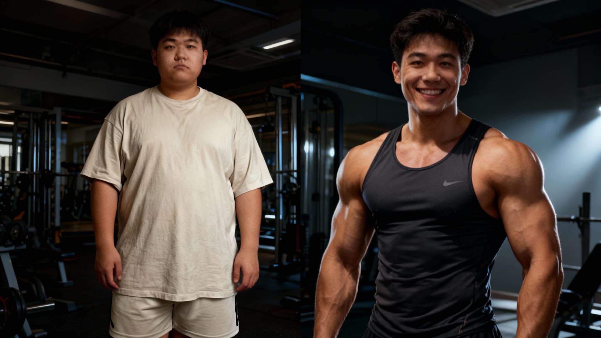 A split-screen hero image showing a 'before and after' fitness transformation. The left side shows a man before his journey, slightly overweight. The right side shows the same man after, now muscular and fit, smiling confidently in a gym.