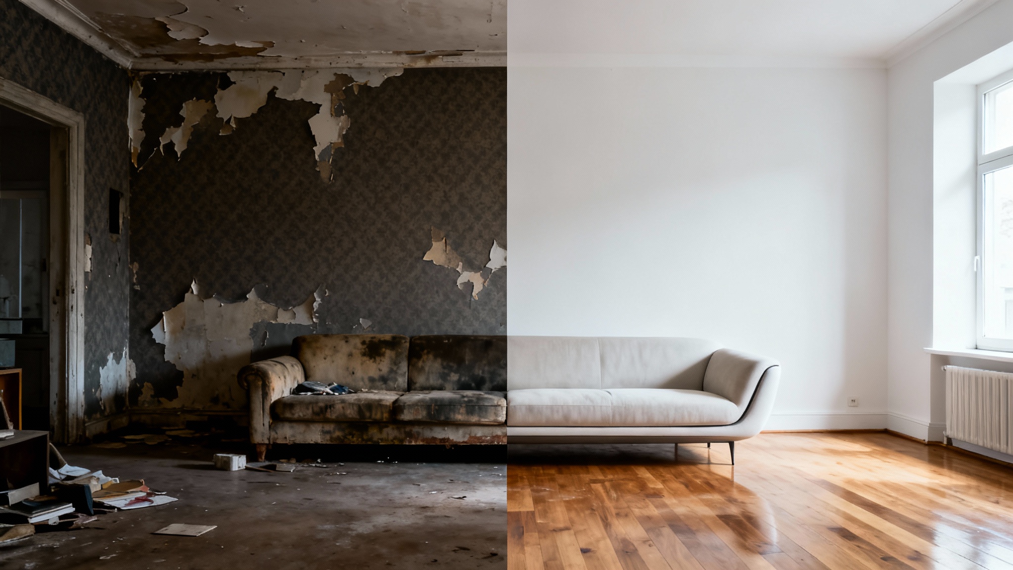 A 'before and after' comparison of a living room renovation. The left side shows a messy, old room, and the right side shows the same room as a clean, modern, and beautifully decorated space.