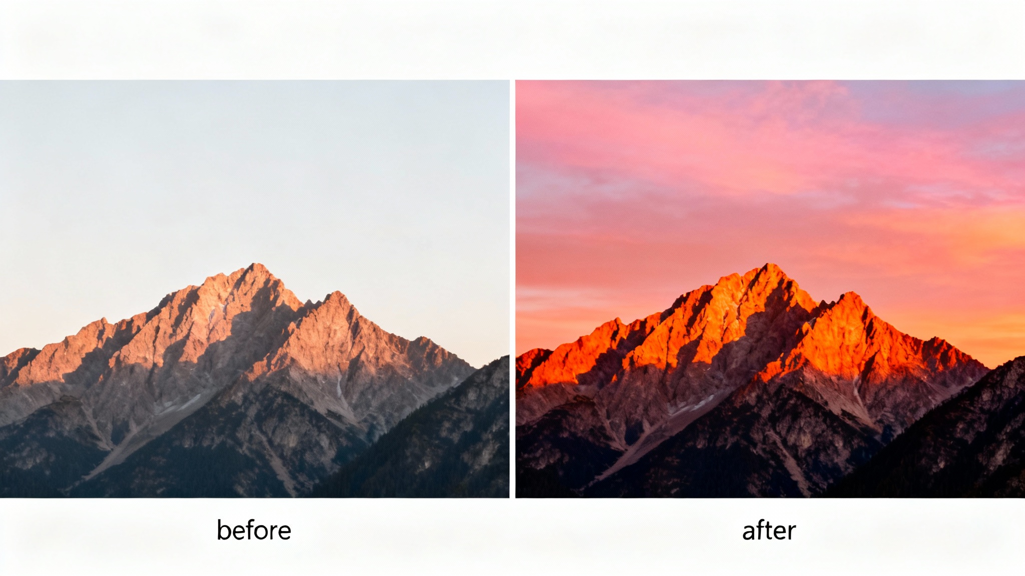 A side-by-side comparison image demonstrating photo enhancement. The left side shows a dull, unedited photo of a mountain sunrise, while the right side shows the same photo dramatically enhanced with vibrant colors and sharp details.