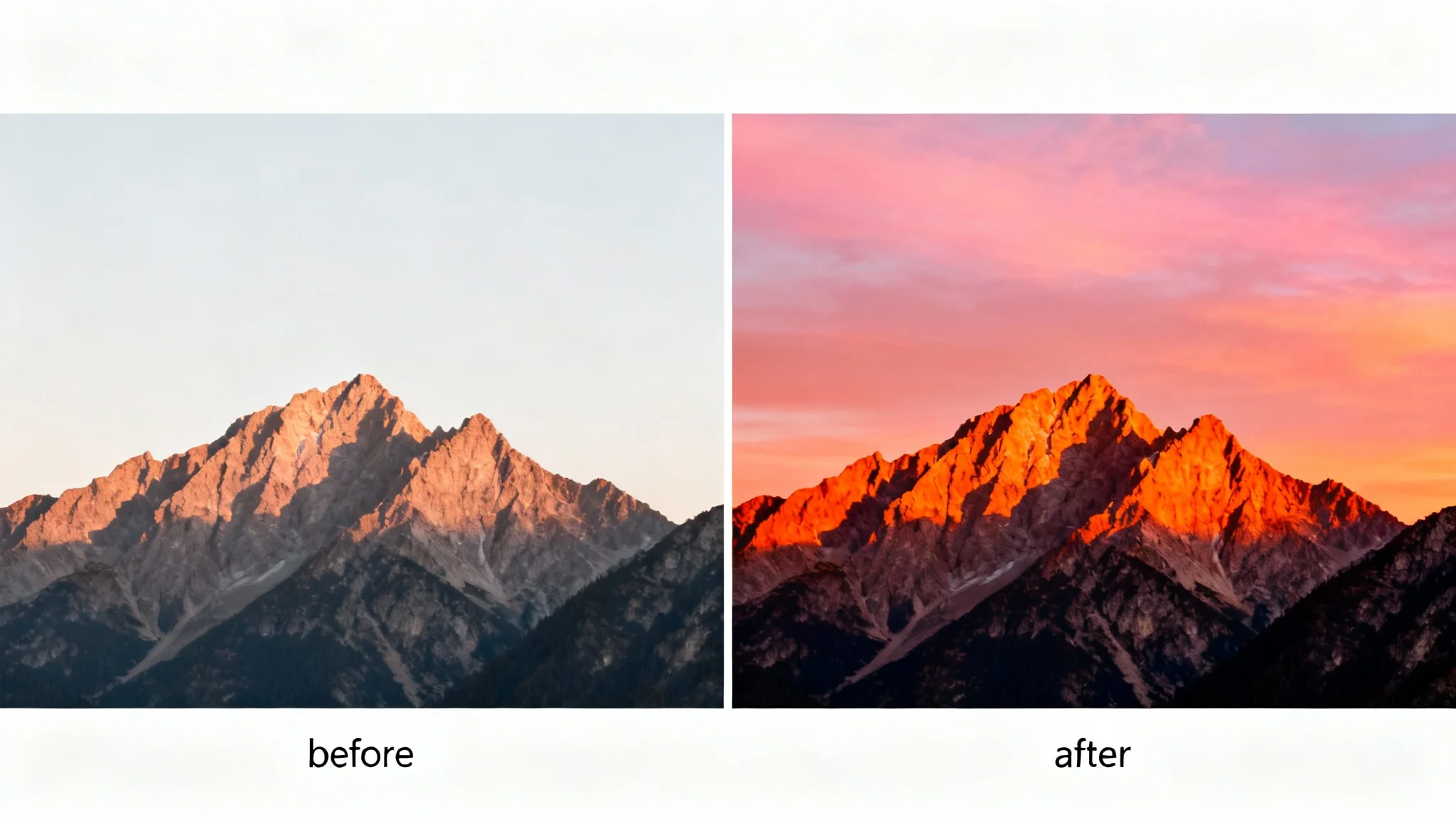 A side-by-side comparison image demonstrating photo enhancement. The left side shows a dull, unedited photo of a mountain sunrise, while the right side shows the same photo dramatically enhanced with vibrant colors and sharp details.