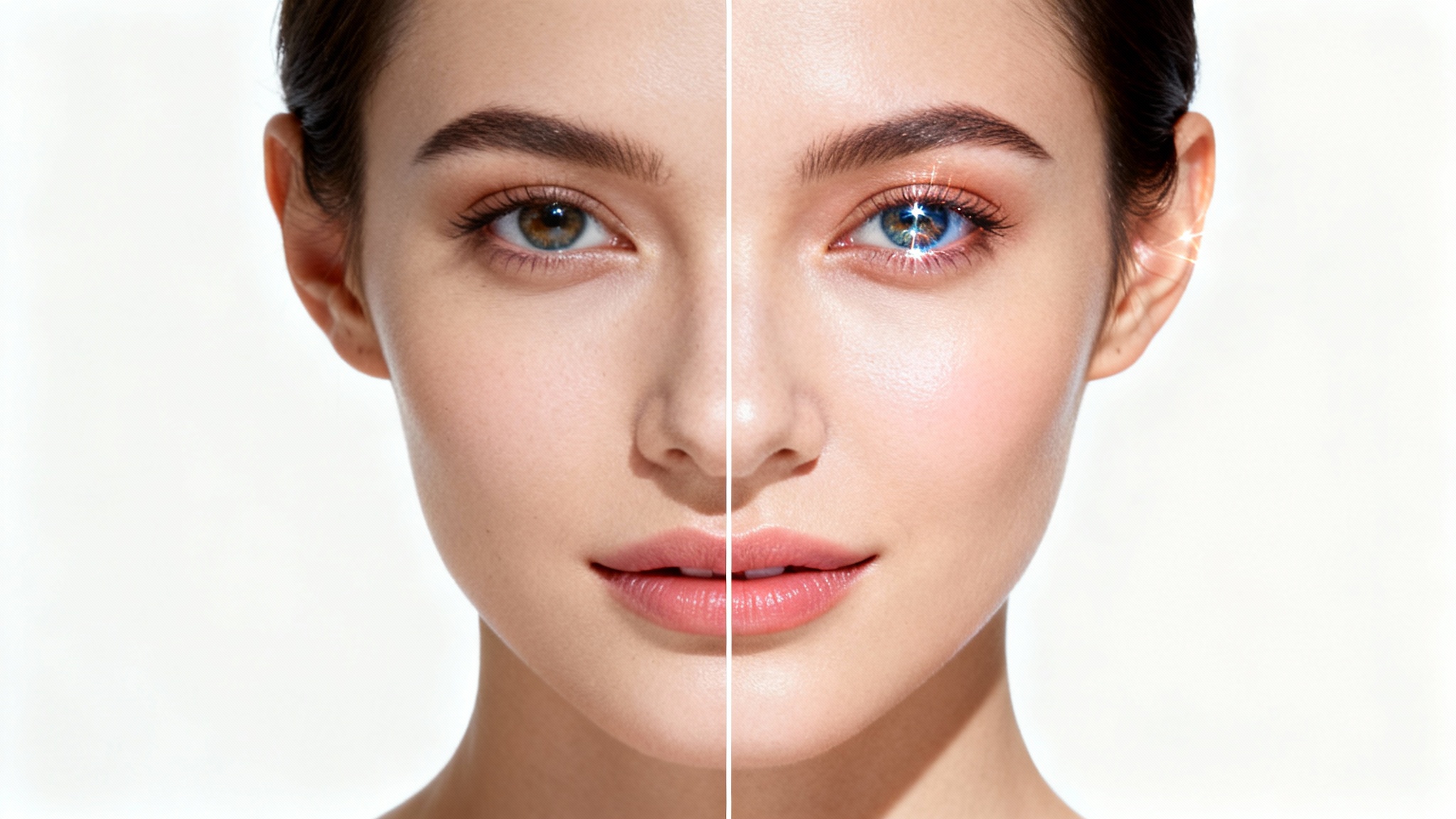 A split-screen image demonstrating a before-and-after effect. The left side shows a dull, unedited portrait, while the right side shows the same portrait professionally retouched with vibrant colors and dynamic lighting.