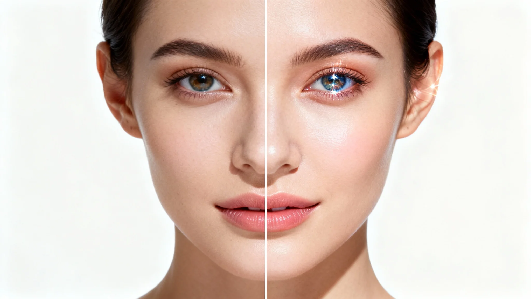 A split-screen image demonstrating a before-and-after effect. The left side shows a dull, unedited portrait, while the right side shows the same portrait professionally retouched with vibrant colors and dynamic lighting.