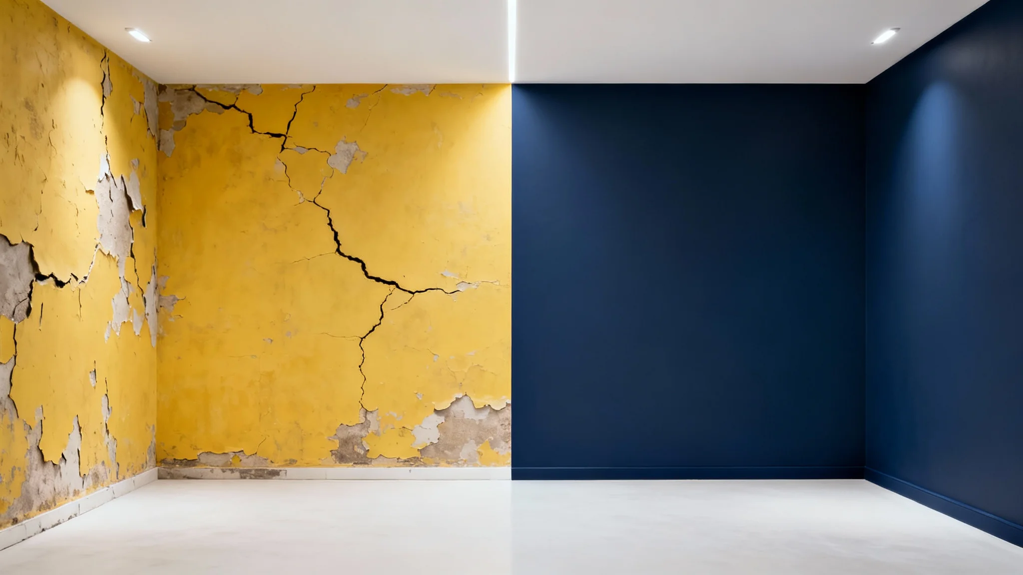 A split-screen comparison image showing a wall before and after being painted. The left side is a peeling yellow wall, and the right side is a smooth, freshly painted navy blue wall.